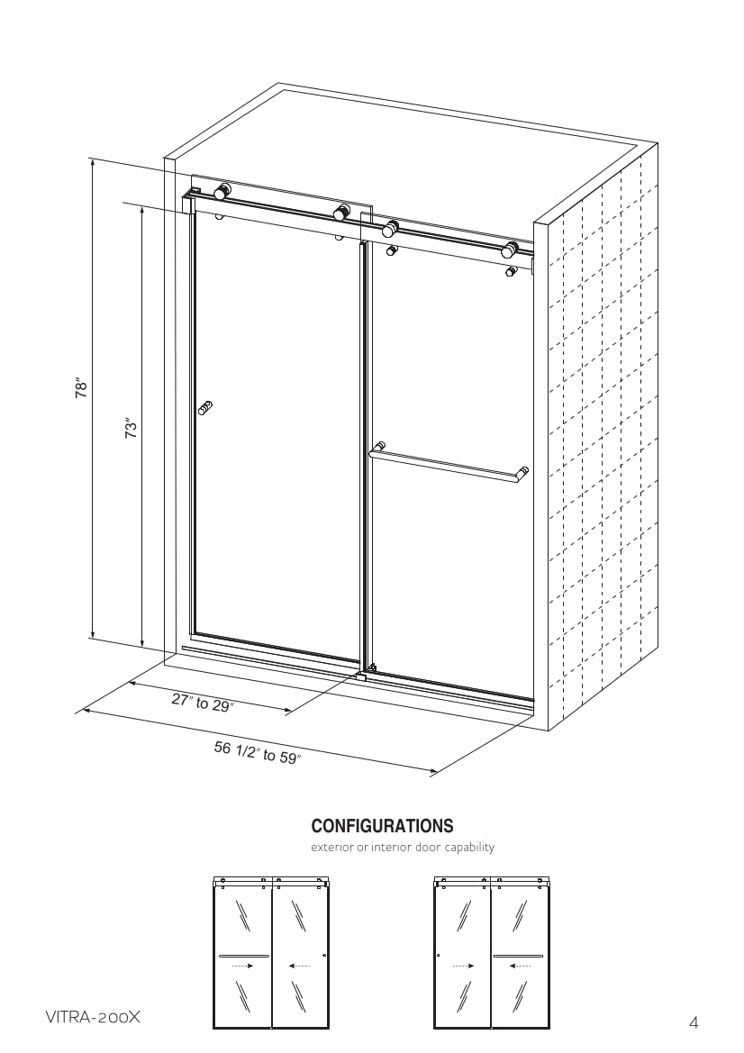 Eurotech Showers VITRA-200 56.5-59" W x 78" H Frameless Shower Door, Double Sliding with 3/8" Clear Tempered Glass (Matte Black)