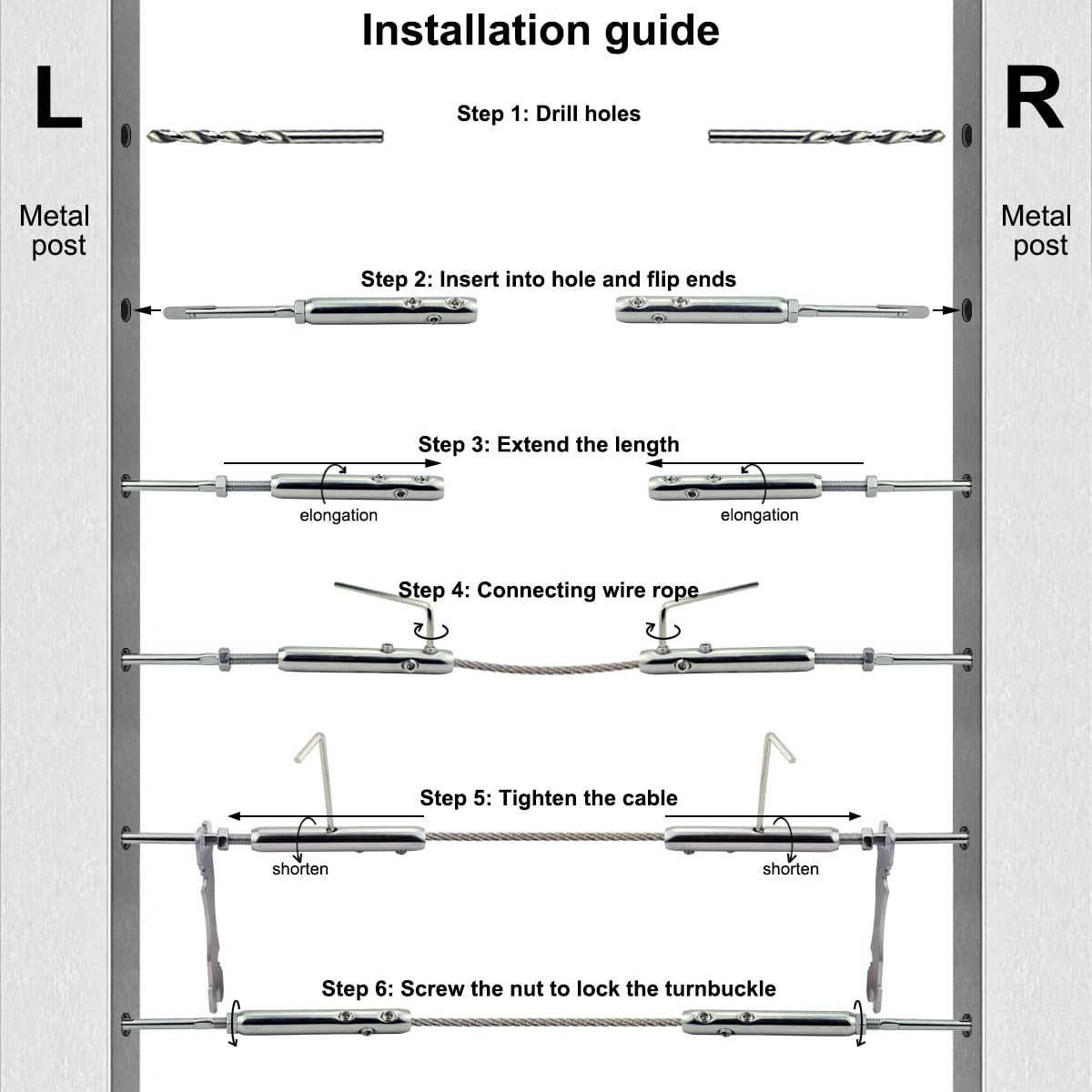 Iutuuk Swageless Tensioners for Metal Posts Cable Railing Hardware Kit, for 3/16 Stainless Steel Cable Rrailing System, Adjustable Angle Swageless Drop Pin Tensioners Left & Right 10 Pairs