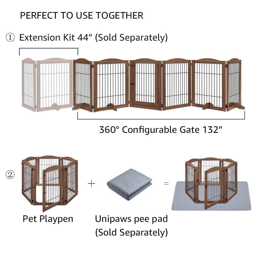 unipaws Pet Playpen with Wood and Wire, 6 Panels Extra Wide Freestanding Walk Through Dog Gate with 4 Support Feet, Foldable Stairs Barrier Pet Exercise Pen for Dogs Cats