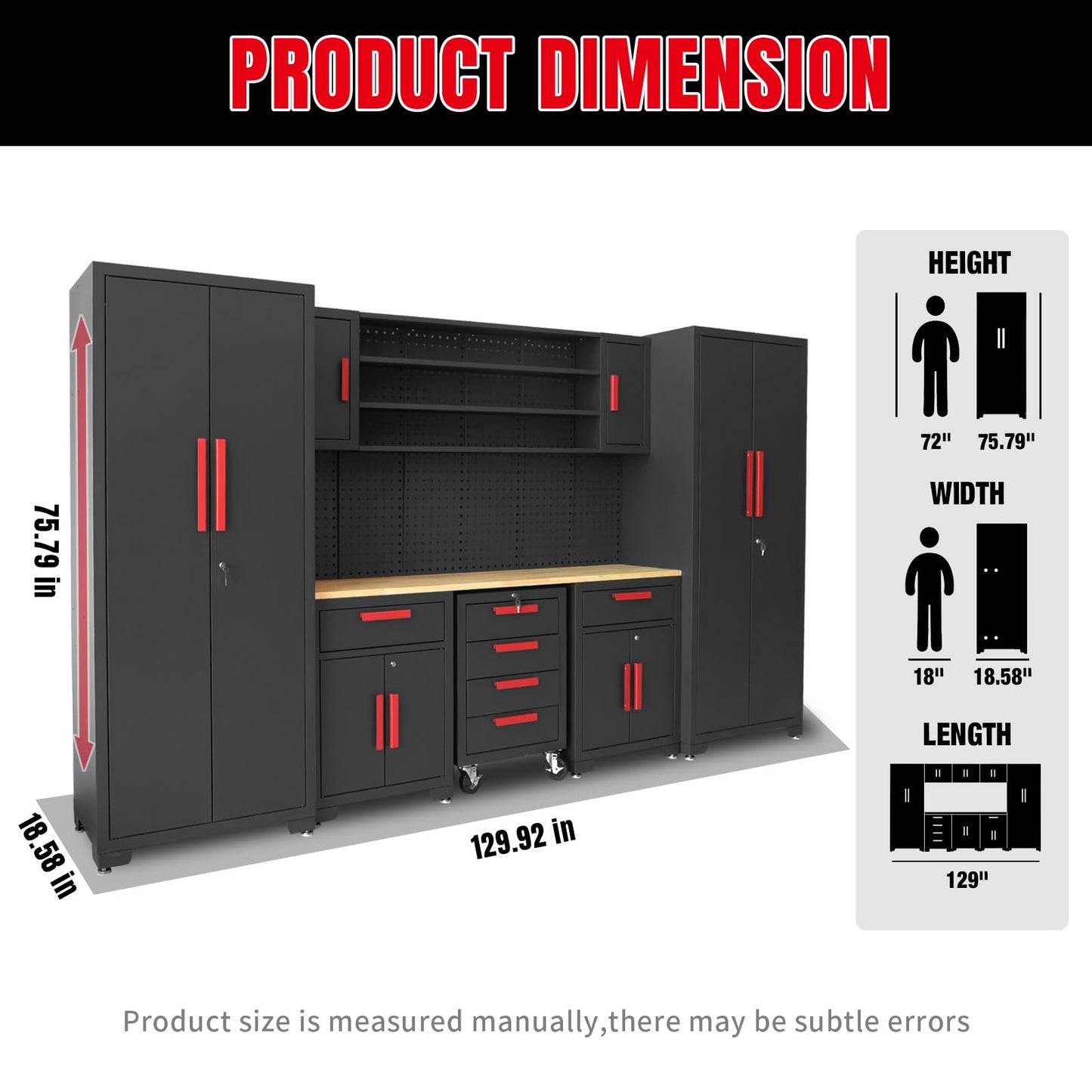 Torin Garage Storage Cabinets System, 8-Pcs Workshop Cabinet Set in Black, Included Steel Cabinets Drawers Rolling Chest and Pegboard,Locked Garage Storage Cabinet