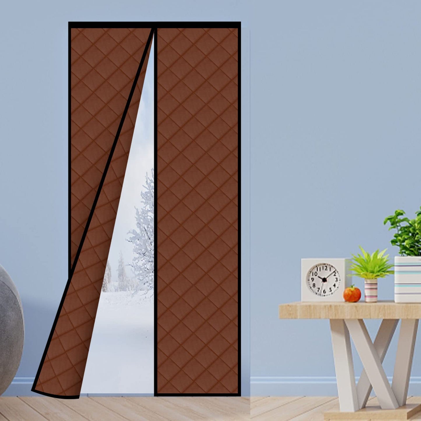 Magnetic Thermal Insulated Door Curtain Thickened, PU Material Hands Free Automatic Closing Durable Windproof Waterproof Door Screen, Fits Door Size up to 34'' x 80'', Brown