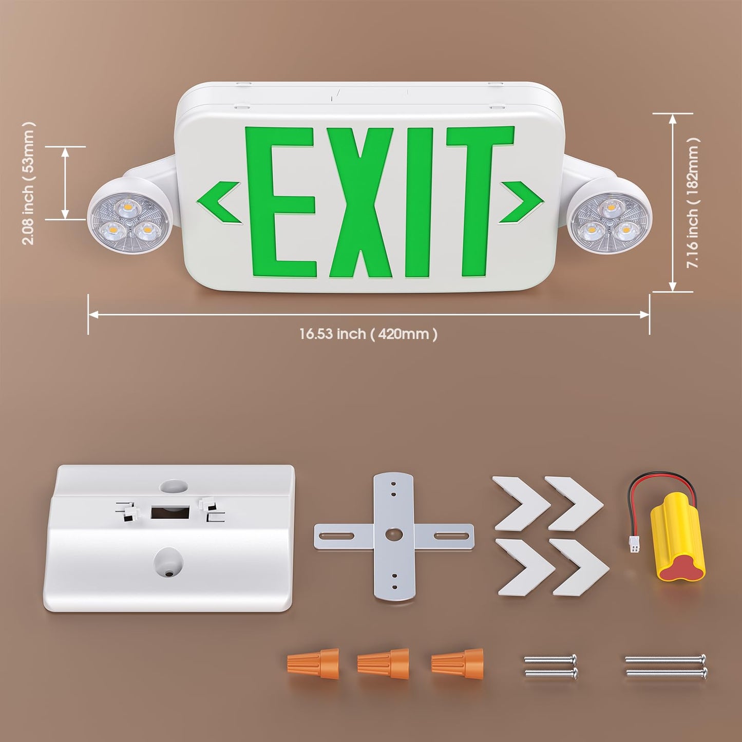 Emergency Exit Sign Lights Combo with Battery Backup, Double Sided Hardwired 6 Leds Exit Signs, Adjustable Heads Green Emergency Exit Lighting Ceiling/Wall Mount, UL Listed, AC 120/277V (1 Pack)