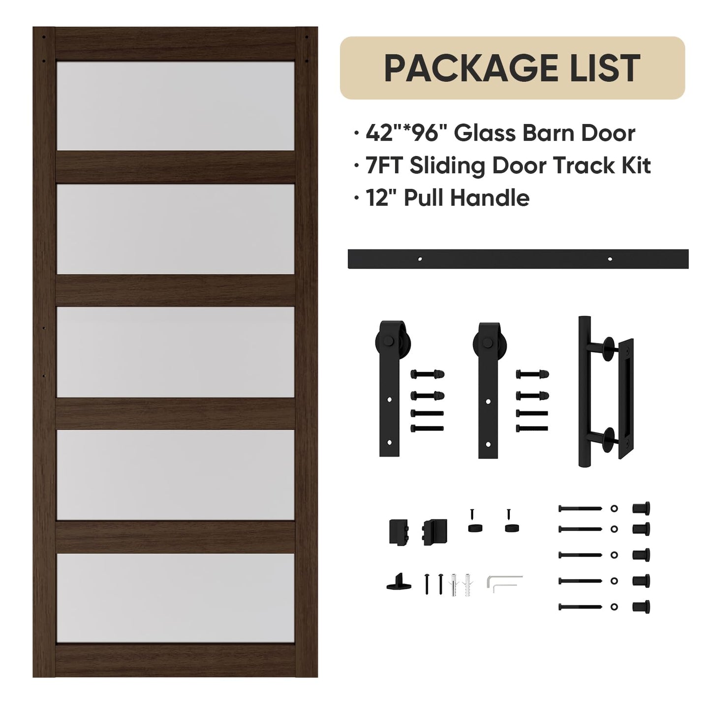 BARNSMITH 42in x 96in Glass Barn Door and 7FT Sliding Door Hardware Included, 5-Panel Frosted Glass Sliding Barn Door, Solid Wood Covered with Water-Proof PVC Surface, Easy Assembly, Brown