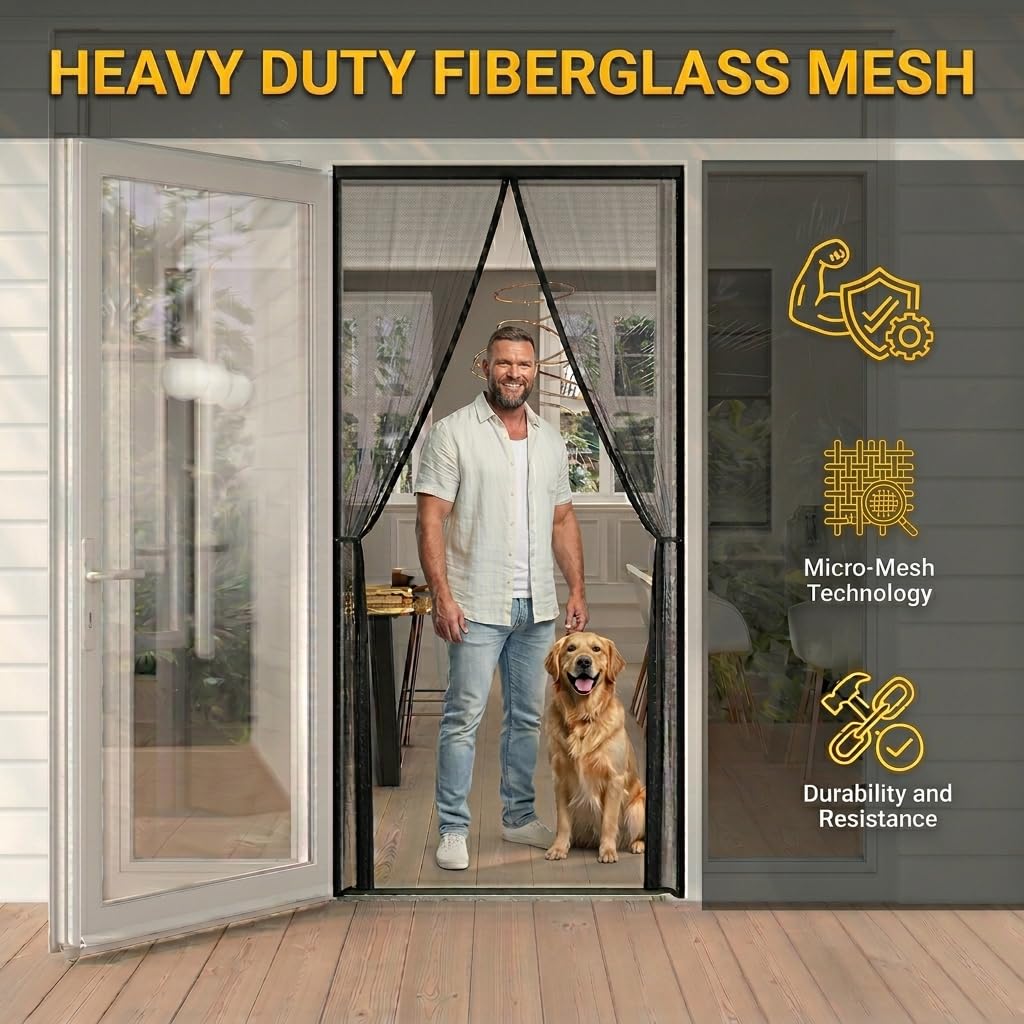 AUGO Heavy Duty Magnetic Screen Door – Fiberglass Pet Resistant Mesh, Self Sealing Hands Free Magnetic Closure, Tear Resistant Door Screen Keeps Bugs Out, Patent Pending Keep Open Feature – 38” x 83”