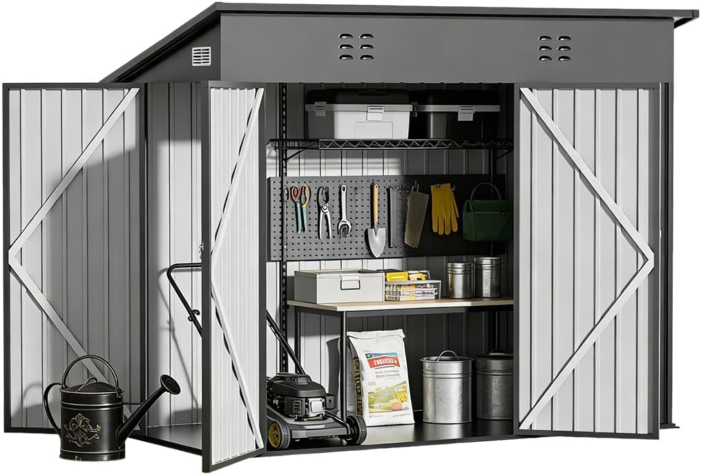 COMHOMA Shed Storage Outdoor Metal Windowed Lockable Weatherproof Ventilated Backyard Garden Utility Workshop(Grey,8'*4')