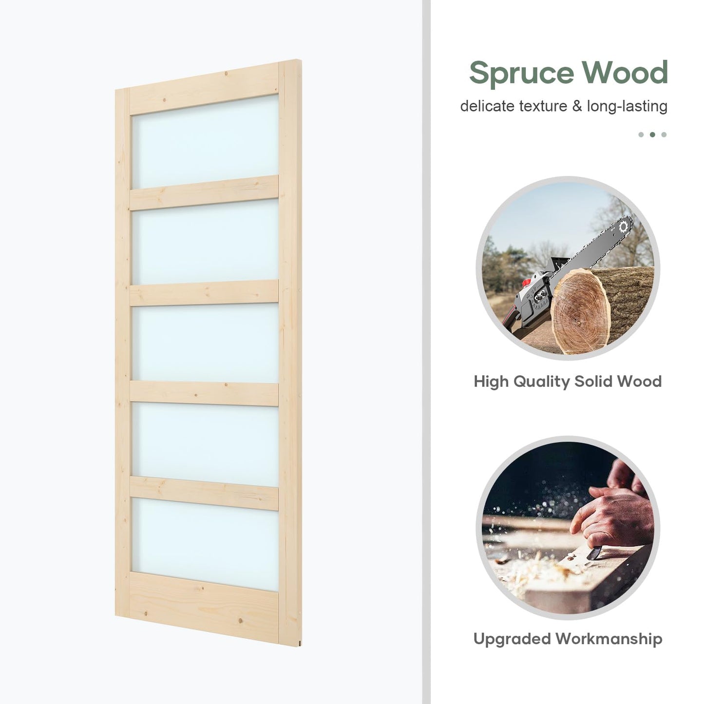 ROYMELO 36x84 inch Glass Sliding Barn Door Slab with 6.6ft Hardware Kit Included, 5-Panel Frosted Glass, Spruce Wood Support DIY Dyeing, Easy Assembly