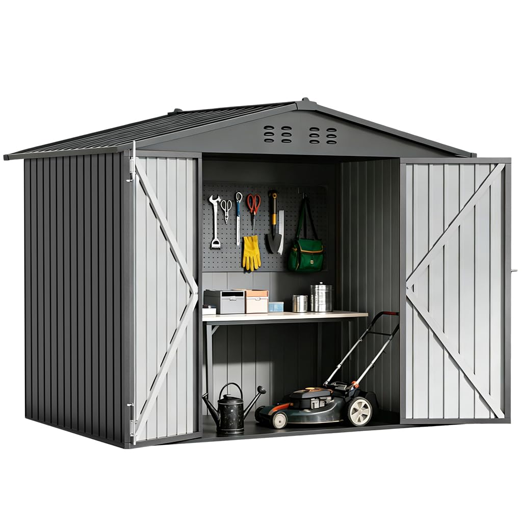 COMHOMA Shed Storage Outdoor Metal Windowed Lockable Weatherproof Ventilated Backyard Garden Utility Workshop(Grey,8'*6')