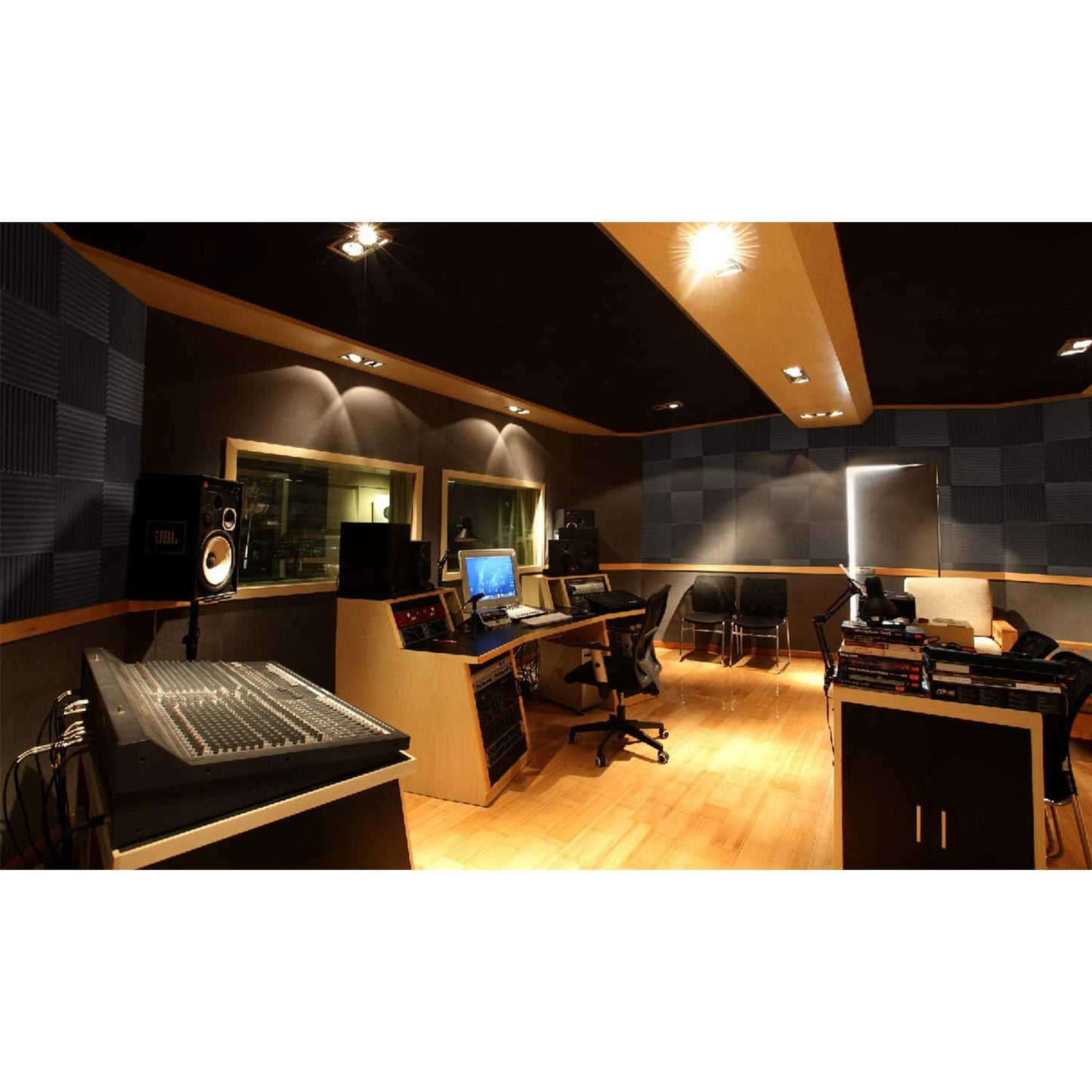 Focusound 52 Pack Acoustic Foam Panels 1" x 12" x 12" Sound Proof Foam Panles Soundproofing Noise Cancelling Wedge Panels for Home Office Recoding Studio with 300PCS Double-Side Adhesive