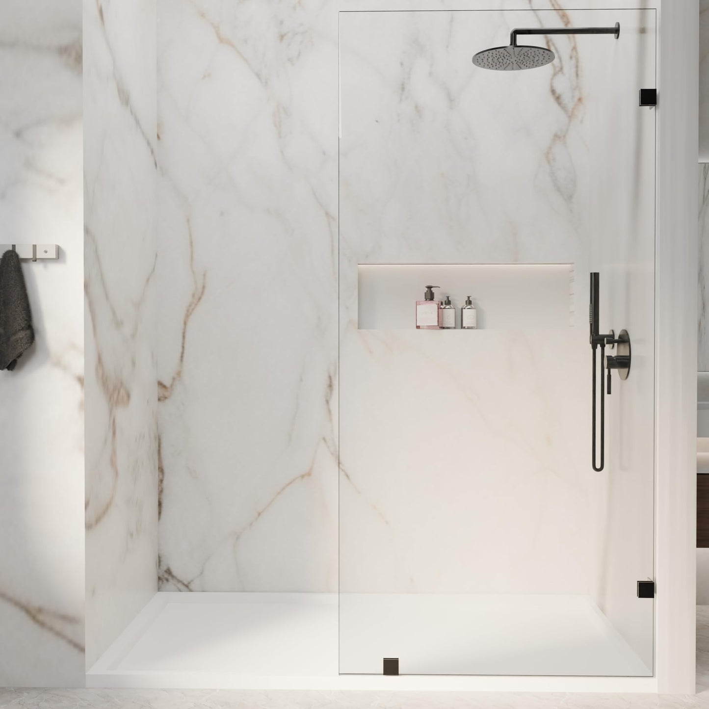 32" W x 72" H Fixed Shower Glass Panel, 3/8” 10mm Single Frameless Shower Doors for Walk in Shower with Clear Tempered Glass Explosion-Proof Film for Bathroom, Matte Black