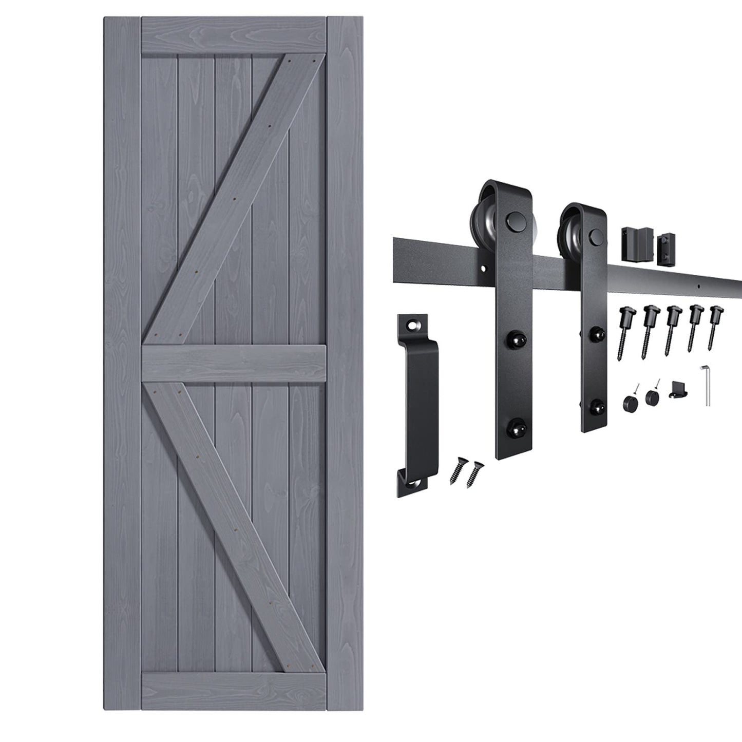 FREDBECK 30in x 80in Gray Wood Barn Door Slab with 5ft (60inch) Barn Door Hardware Track Kit Included, Double Surfaces,Simple Assembly is Required,K-Frame,Grey
