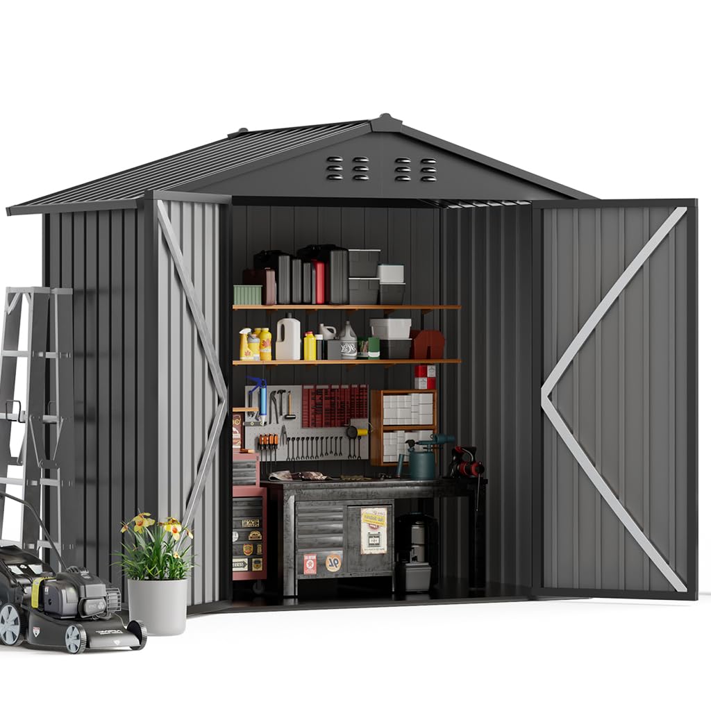 COMHOMA Shed Outdoor Storage Shed Metal,Lockable Doors Tool Sheds with Sloping Roof,Steel Garden Shed with Air Vent for Backyard,Patio,Lawn,Poolside(Grey,6'x4')