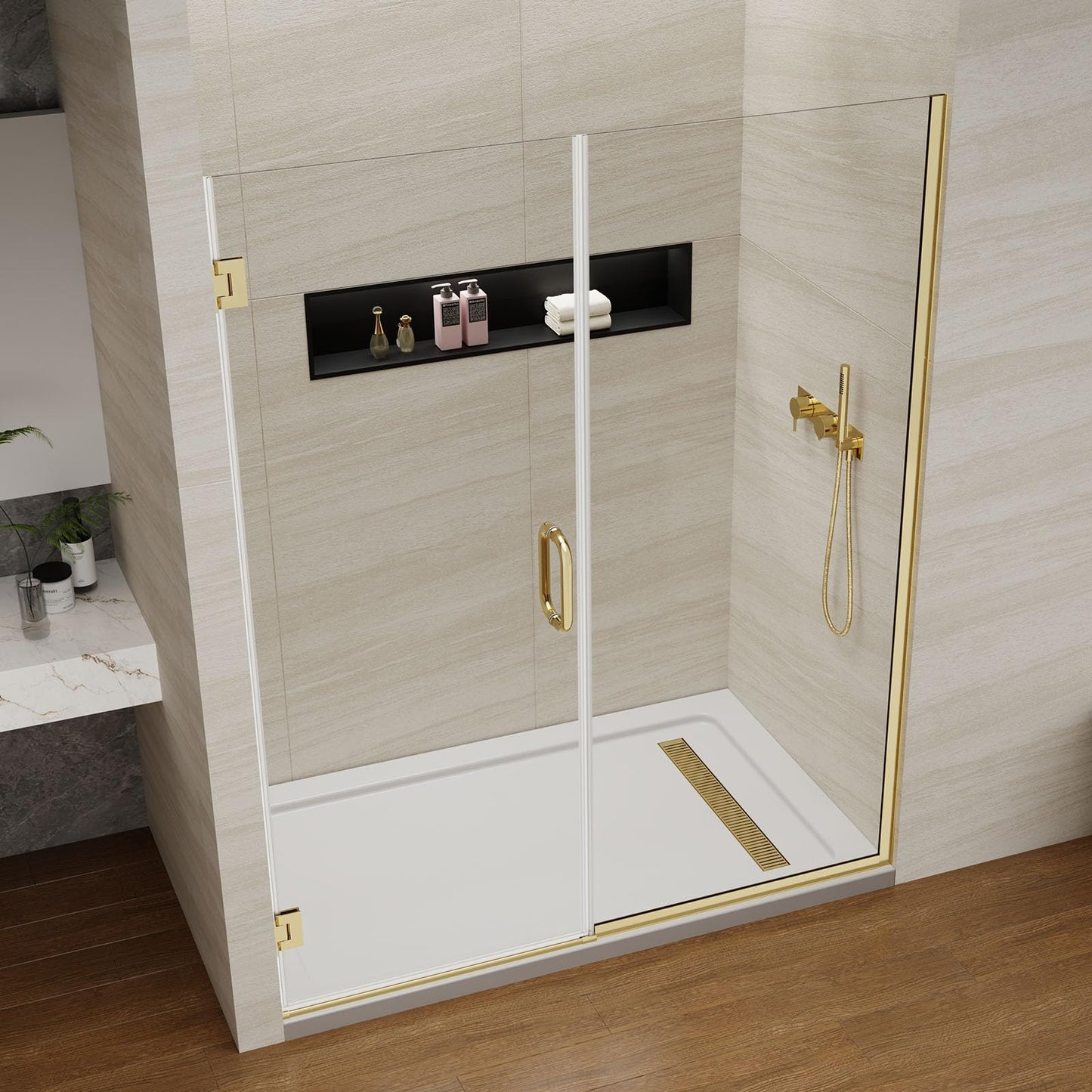 Pivot Swing Shower Door, Adjustable Width 59-60" W x 74" H Semi-Frameless Shower Glass Door with 5/16 in (8mm) Clear SGCC Tempered Glass with Nano Easy-Clean Coating (Brushed Gold)