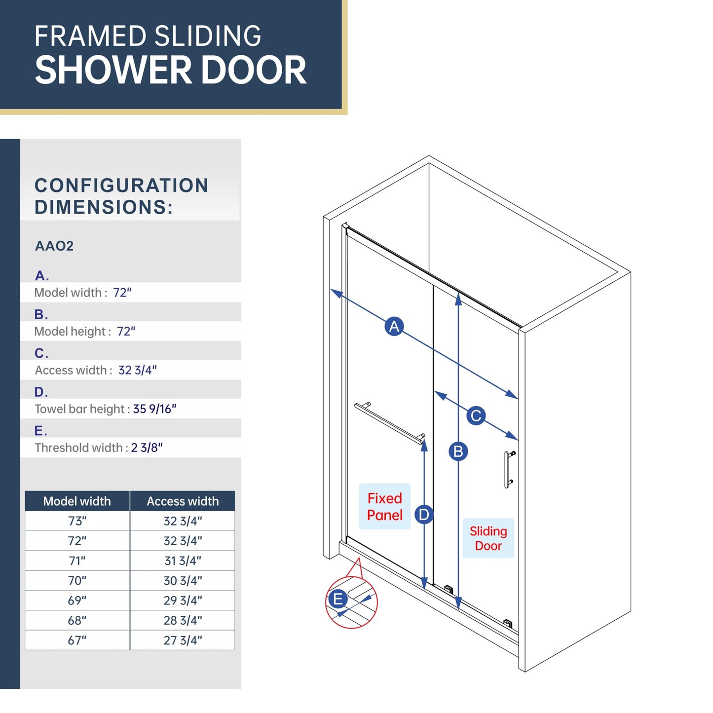 FELYL Frosted 72" Sliding Shower Door 67-72" W x 72" H, Chrome Finish, Single Sliding Door, Framed, 1/4" (6mm) SGCC Tempered Glass, Reversible Installation