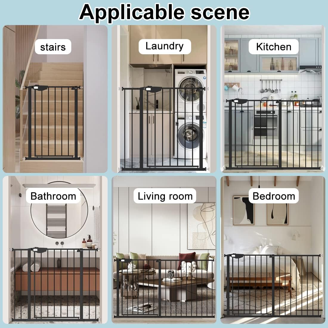 WAOWAO Triple Lock Baby Gate Extra Wide 62.59-67.32" Pressure Mounted Walk Through Swing Auto Close Safety Black Metal Dog Pet Puppy Cat for Stairs,Doorways,Kitchen
