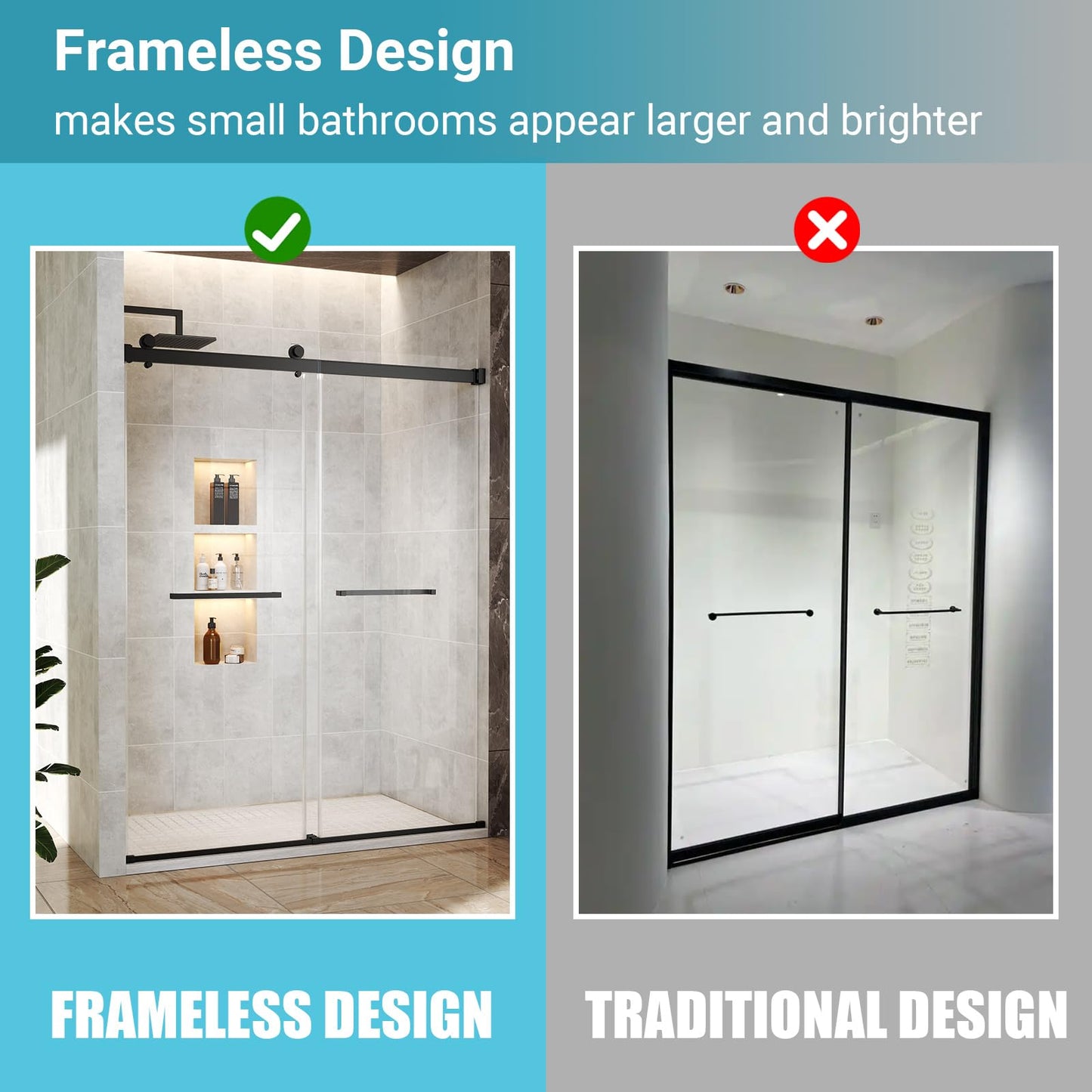 BATHWILLER 56"-60" W x 76" H Double Sliding Shower Door, 3/8" (10mm) Clear Tempered Glass Frameless Shower Door with Nano Easy Clean Coating, Stainless Steel Hardware, Matte Black
