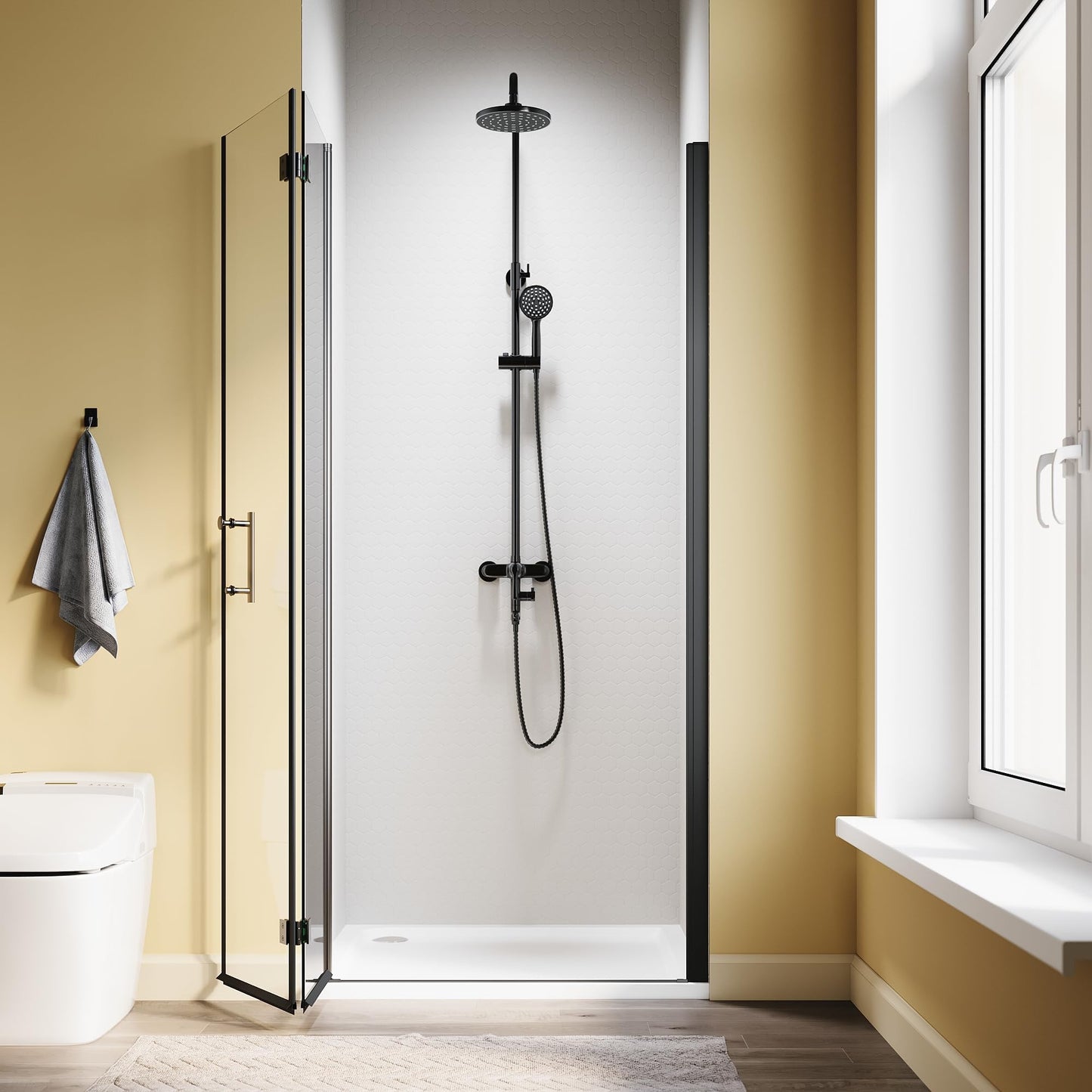 SL4U Bifold Shower Door, 34" W x 72" H, 1/4" Tempered Glass Shower Door, Foldable Shower Glass Door, Easy to Clean, Matte Black Finish