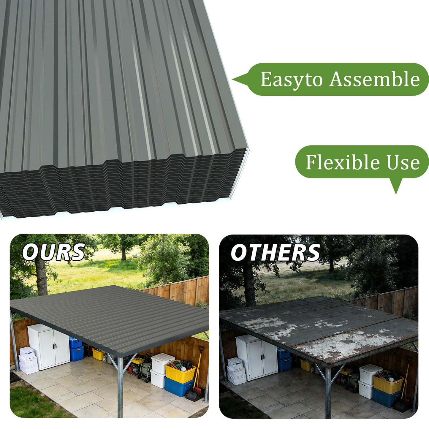 Corrugated Galvanized Steel Roofing Panels, 0.01" Trapezoidal Metal Roof Sheets with Screws, Waterproof UV Rust Resistant Lightweight Weatherproof Panels for Shed Carport