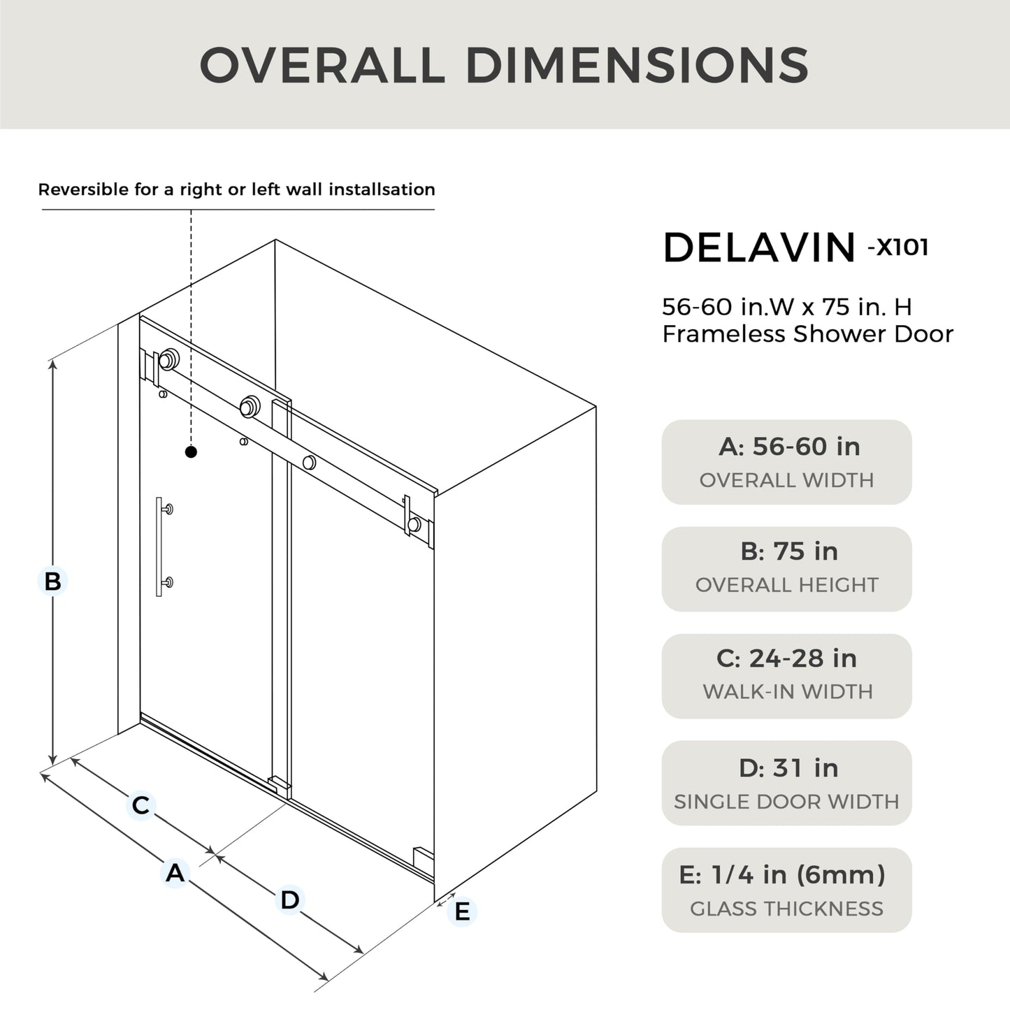 DELAVIN 56-60.in W x 75.in H Frameless Shower Door, Water Repellent Black Shower Door with SGCC Certified Clear Tempered Glass, Easy Sliding Showe Door with Explosion-Proof Film, Stainless Steel