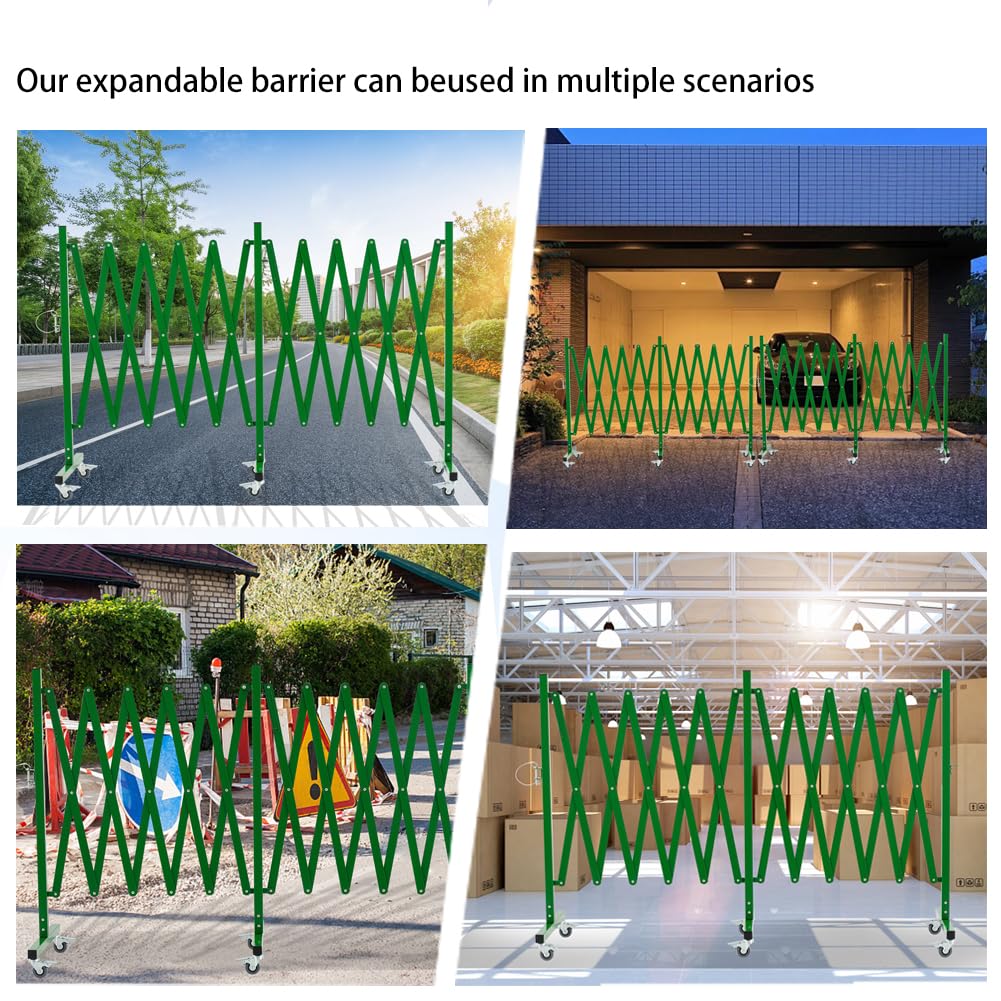 GYMTIME Industrial Expandable Metal Barricade, 16 Feet, Green, Folding Security Gate Safety Barrier with Casters, Flexible Mobile Barrier Gate, Adjustable Traffic Fence