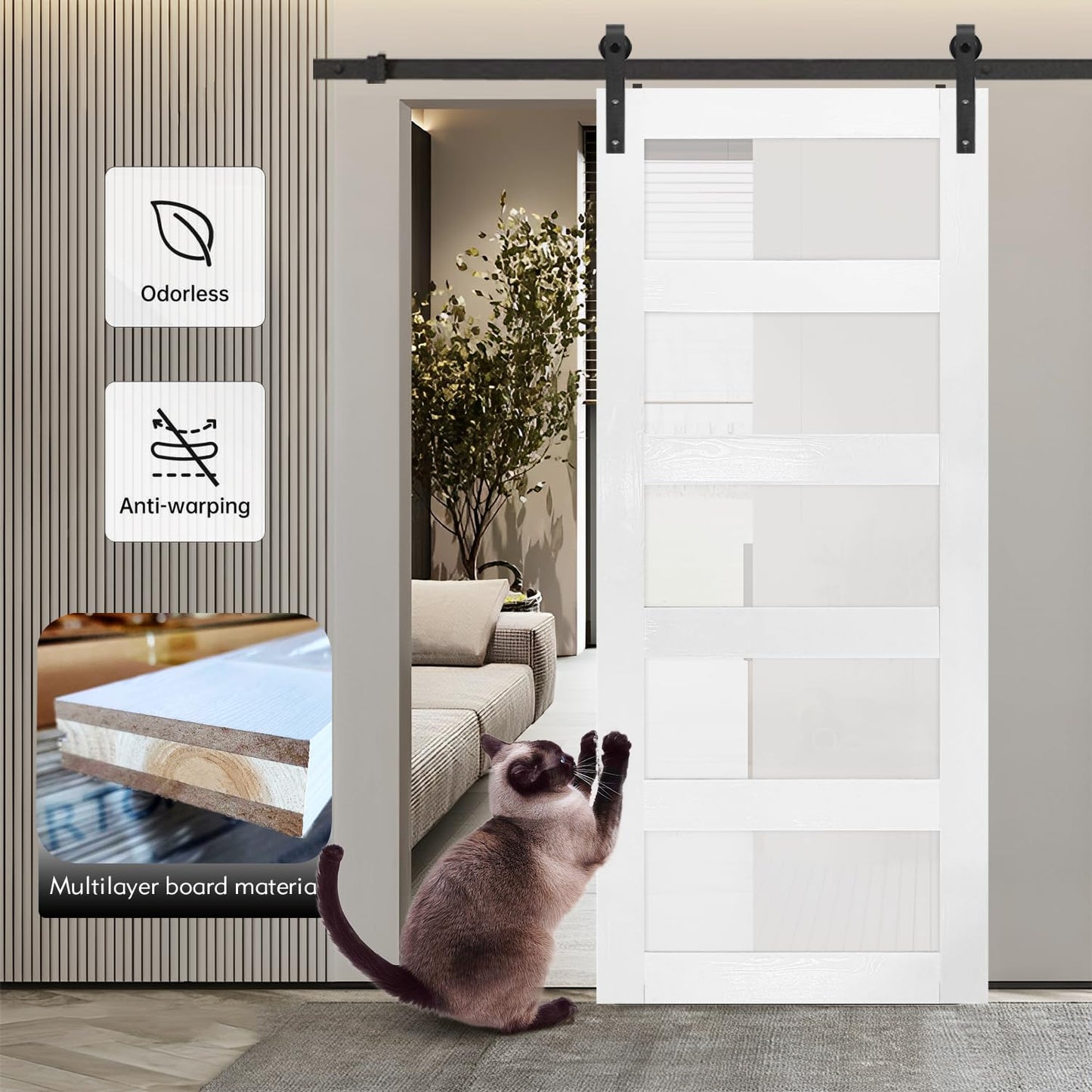 S&Z TOPHAND® 60in x 96in Glass Sliding MDF Barn Door with 10FT Sliding Door Hardware Kit, 5 Tempered Frosted Glass, Slab Inside Covered with Water-Proof PVC Surface, Simple DIY Assembly