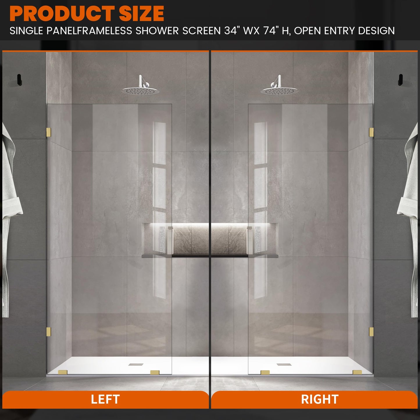 Bathroom Shower Glass Door 32 * 78" - 5/16"(8mm) Thick Clear Tempered Glass Panel, Fixed Hinged Framless Shower Glass Door with Clamps, Brushed Gold