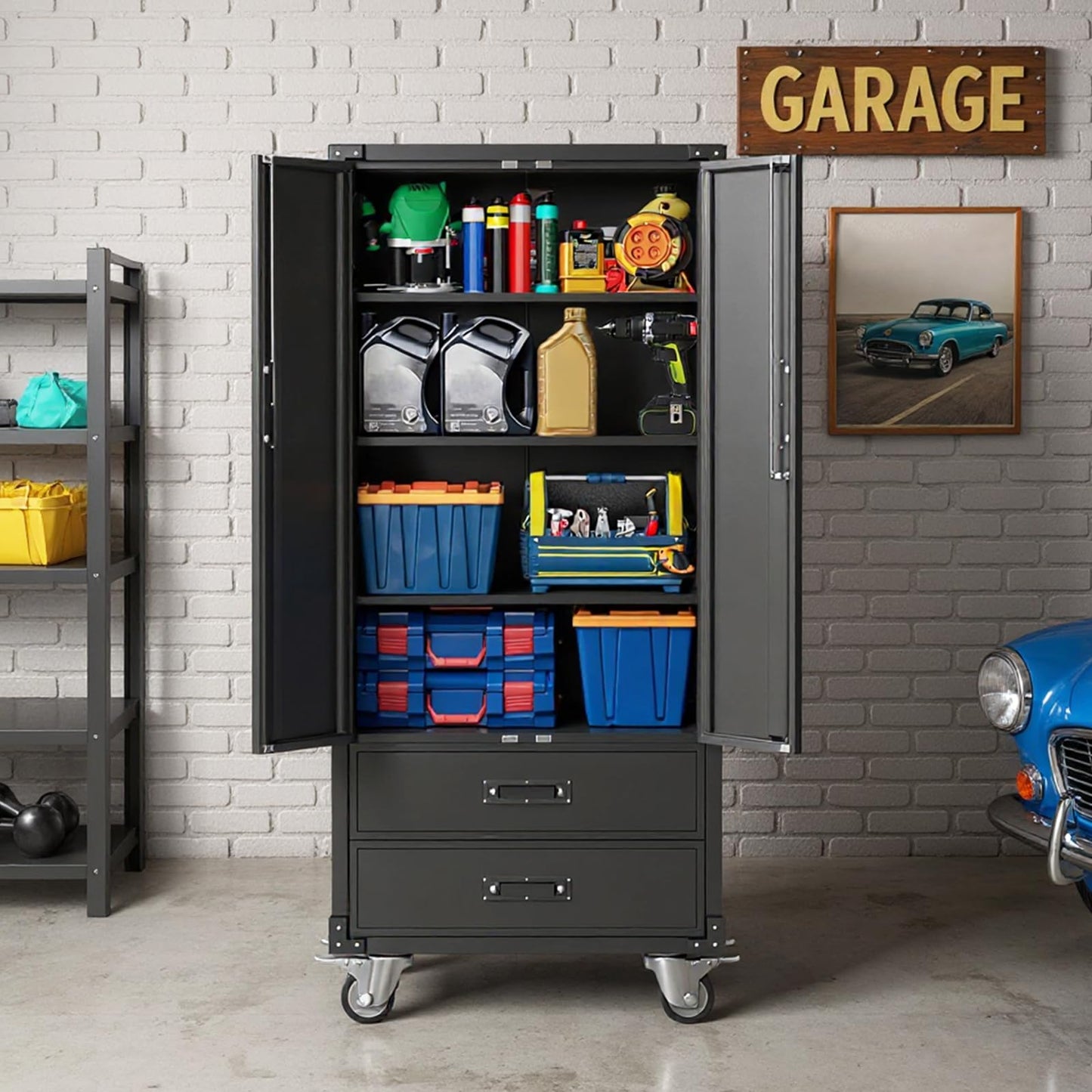 PeacefulHues 67in Garage Storage Cabinet with Door Pegboard,Lockable Metal Storage Cabinet with Adjustable Shelves, Heavy Duty Rolling Storage Cabinet for Garage Home,Required Assembly,Black