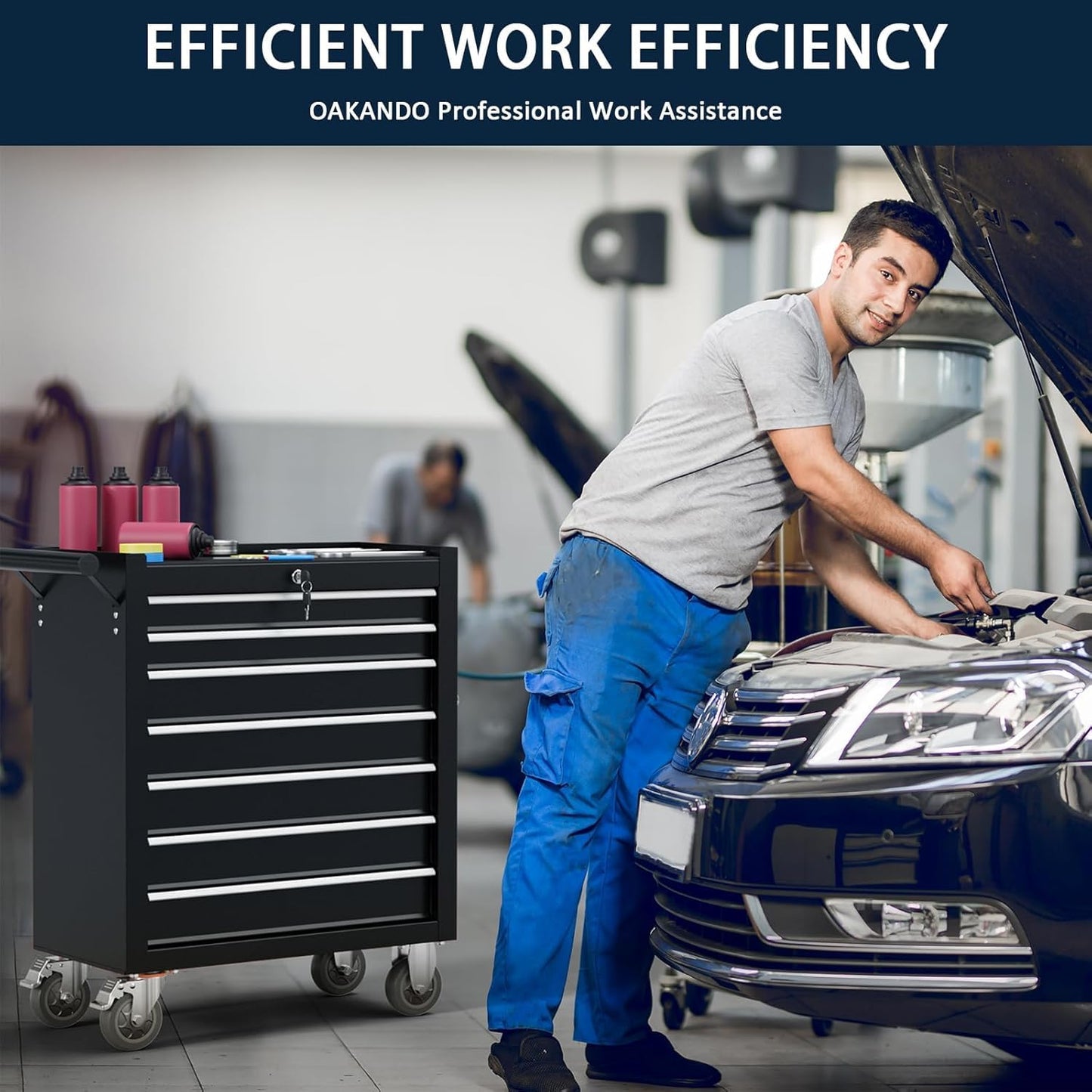 OAKANDO 7-Drawer Metal Rolling Tool Chest with Wheels,Tool Storage Cabinet with Locking System,Toolbox with Wheels for Garage,Workshop, Repair Shop(Black, 7-Drawer)