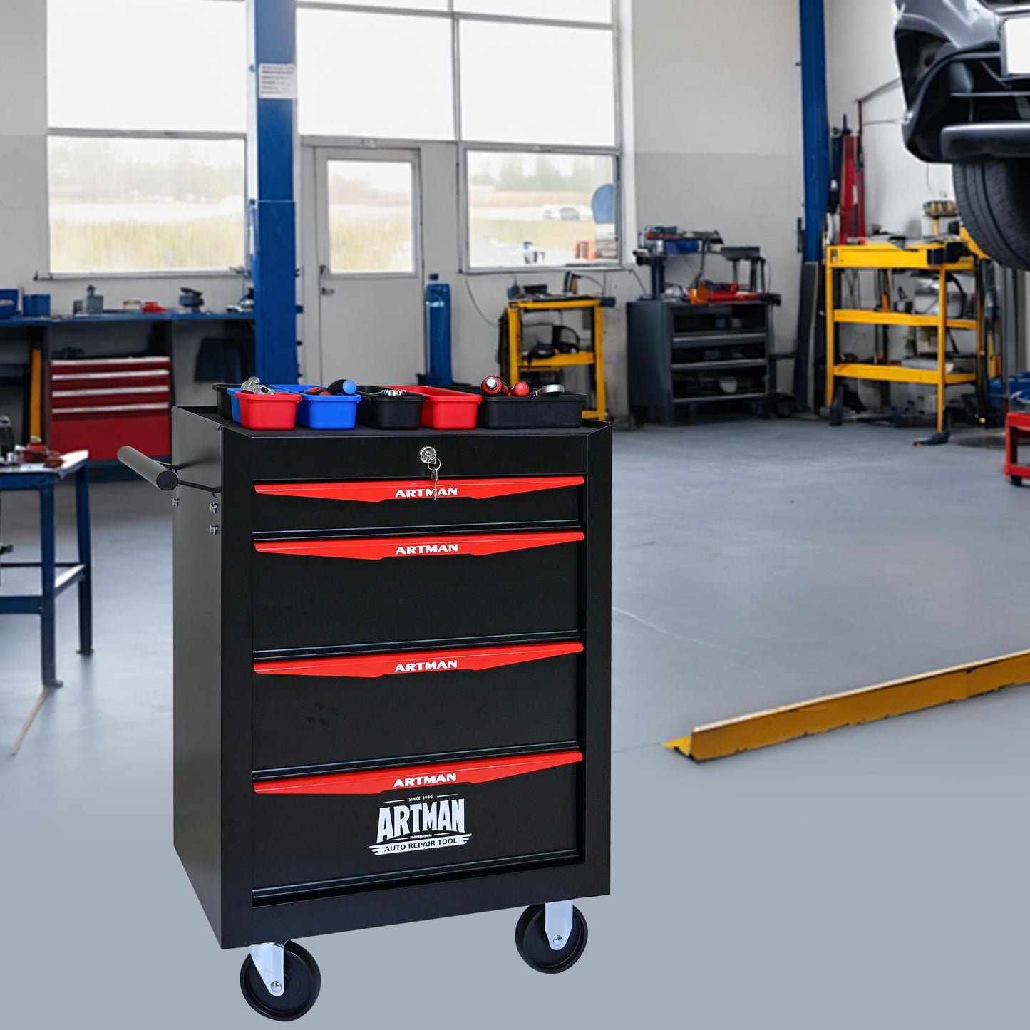 RYH 4/5/6/7 Drawers Rolling Tool Chest - Heavy Duty Mobile Tool Cart with Locking Wheels & Ball Bearing Drawers, 30.5" H x 20.9" W x13 D Garage Tool Storage Cabinet,Metal Tool Box (Black, 4 Drawers)