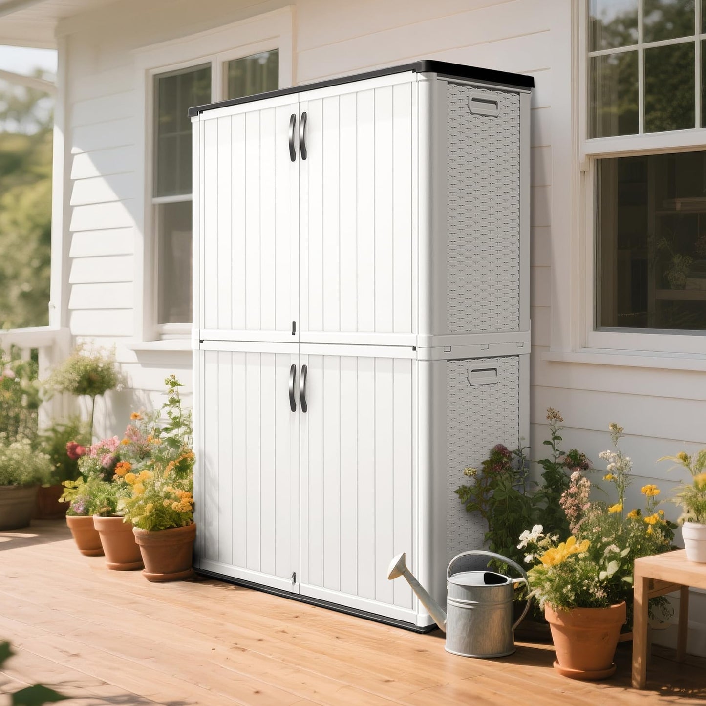 Greesum Outdoor Storage Cabinet Without Shelves, 45 cu.ft Outdoor Waterproof Storage Shed for Garden Tools, Pool Storage, Garbage Cans, White