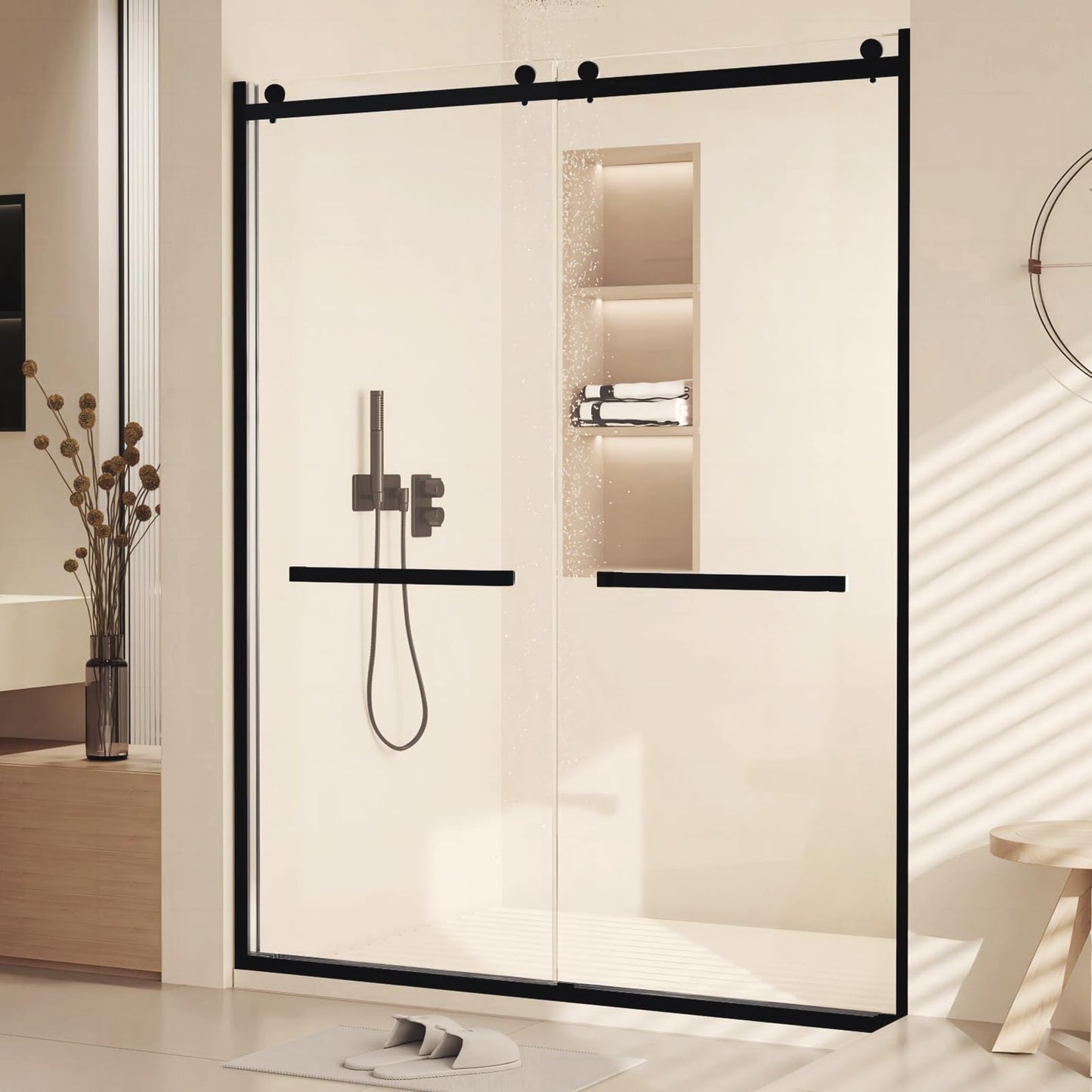 MilleLoom Shower Door, Semi-Frameless Sliding Shower Door with Explosion-Proof Film Clear Tempered Glass, Double Sliding Shower Door with Stainless Steel Handle & Water Seal Strips, 60" x76"