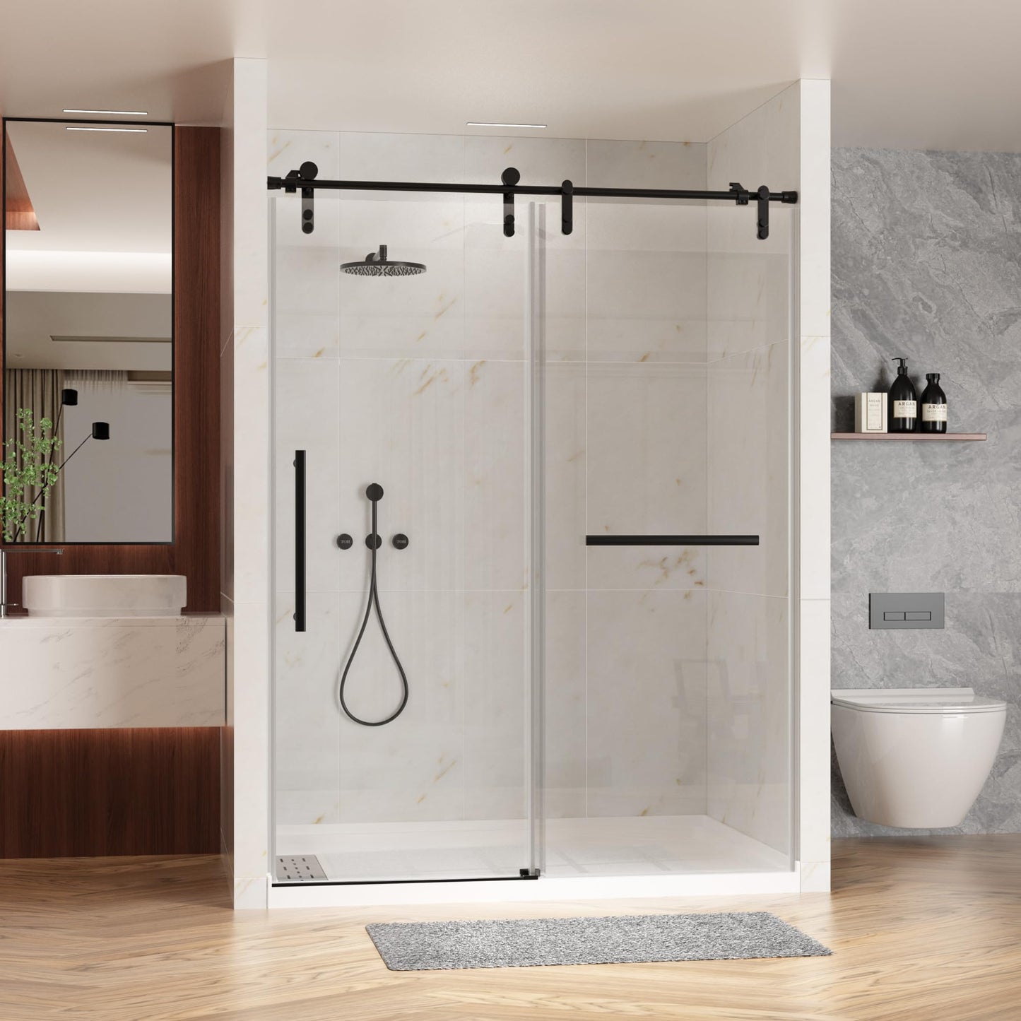 Shower Door 56-60" W × 76" H Glass Shower Door,Frameless Shower Door with Handle and Seal Strip for Waterproof,Sliding Shower Door in Stylish and Modern,Black