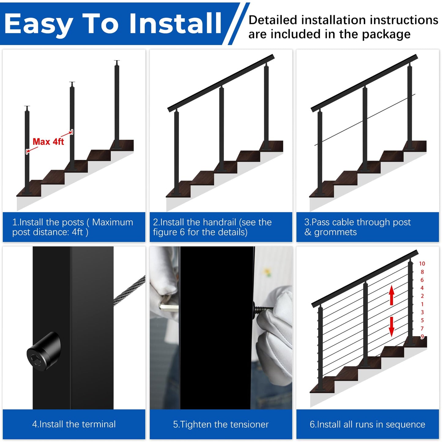 Zylorix 8ft-12ft Complete Set 36" Cable Railing System 33° Drilled with Cuttable Handrail, Modular Black T304 Stainless Steel Angled Stair Cable Railing Posts Kit for 28-38° Wood Concrete Stair