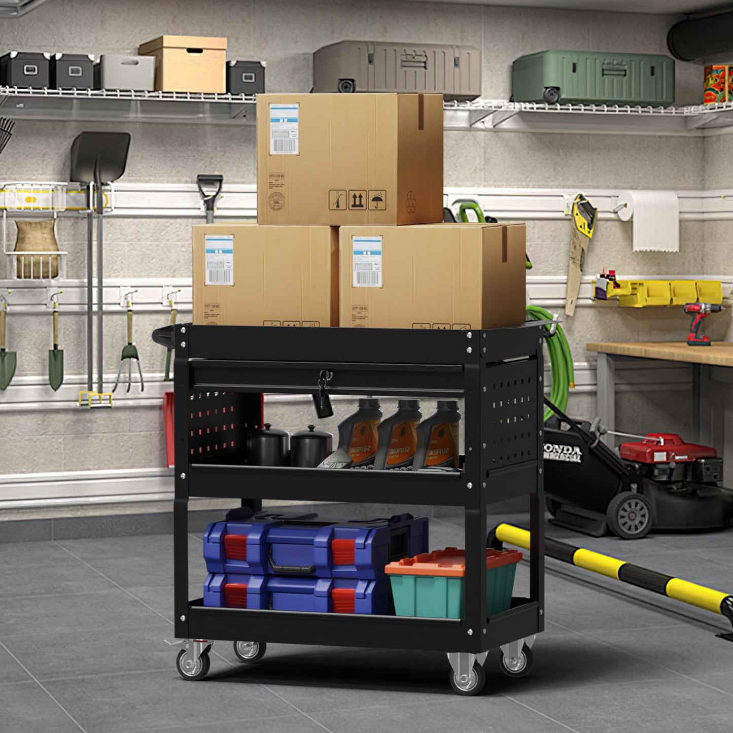 Granper 3 Tier Rolling Cart, Heavy Duty Utility Industrial Service Carts on Wheels, Metal Tool Cart with Locked Drawers, Ideal for Garage, Warehouse and Repair Shop(Black)