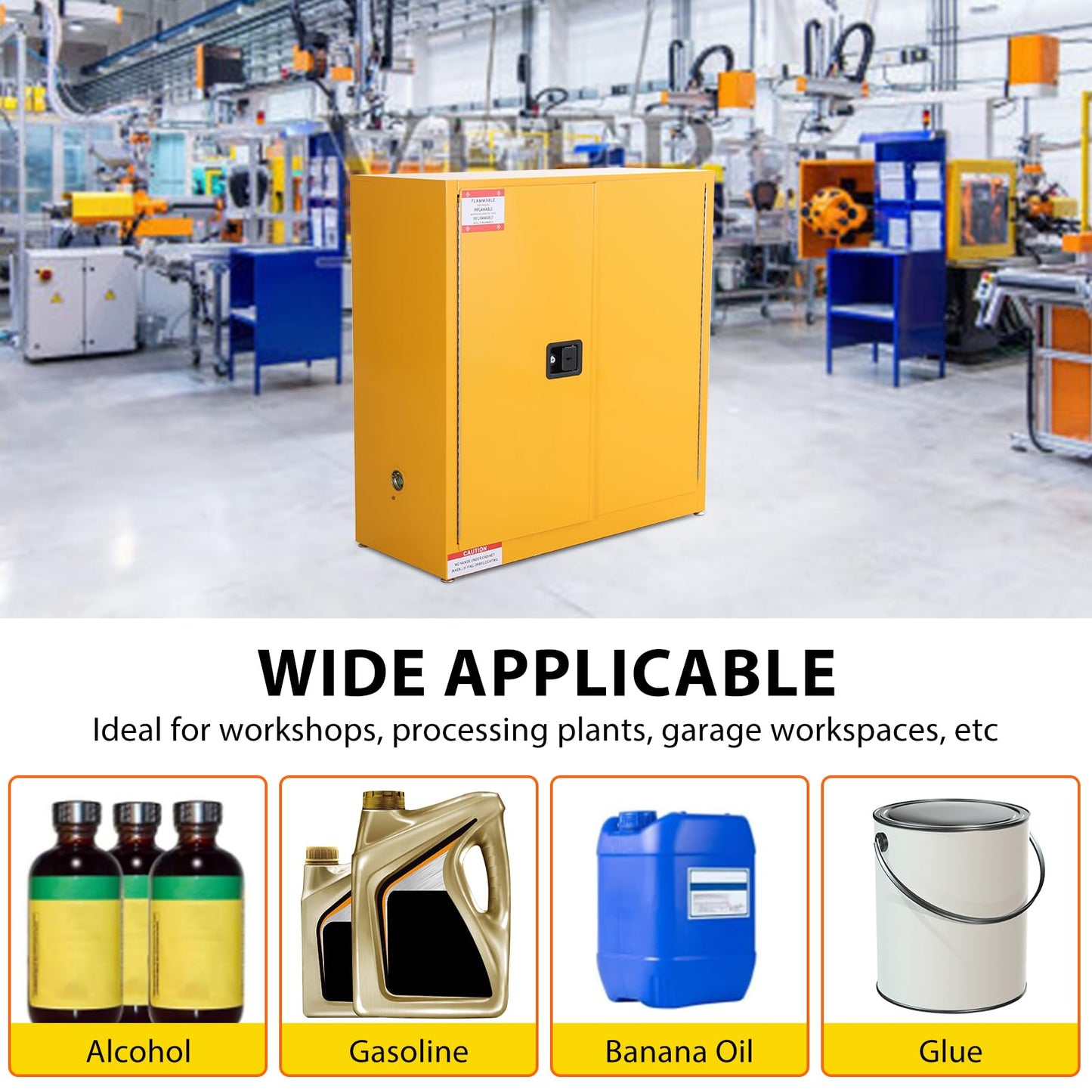 SierraSquad 30 Gal Flammable Safety Cabinet, 43" x 18" x 44" Galvanized Steel Flammable Liquid Storage Cabinet with 2 Adjustable Shelves 2 Manual Doors for Industrial Use, Yellow