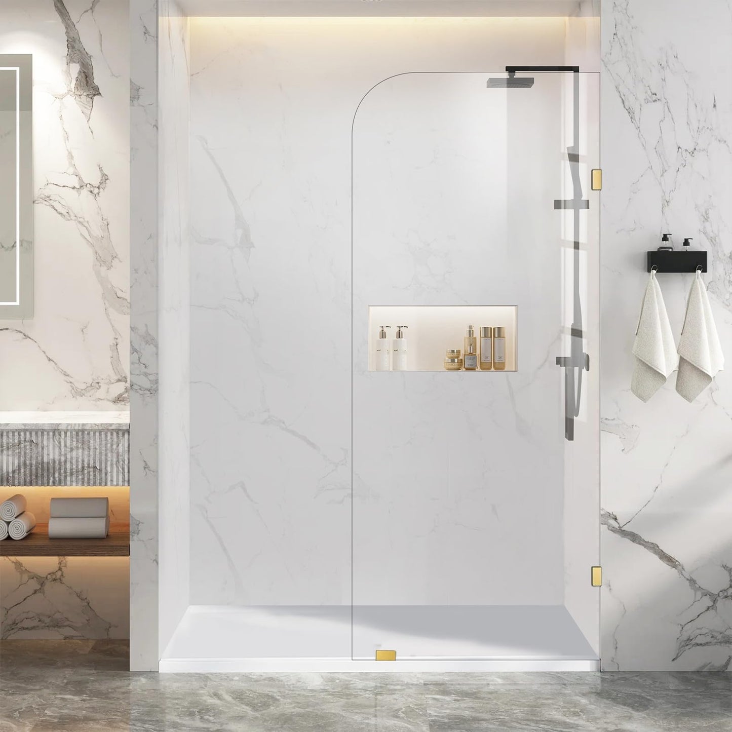 Shower Glass Panel 32" W ×78" H Fixed Frameless Shower Door in Brushed Gold 5/16"(8mm) Thick Clear Tempered Glass Panel with Clamps Bathroom Screen for Walk in Shower