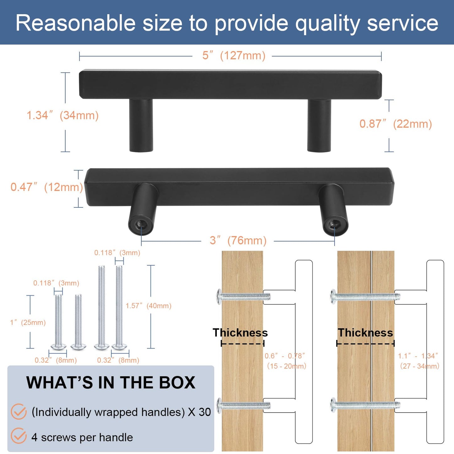 AEEKEL 30 Pack Square Cabinet Handles Matte Black Drawer Pulls 5" Length, 3" Hole Center Kitchen Handles for Cabinets Pulls, Stainless Steel Cabinet Hardware for Bedroom Bathroom Office