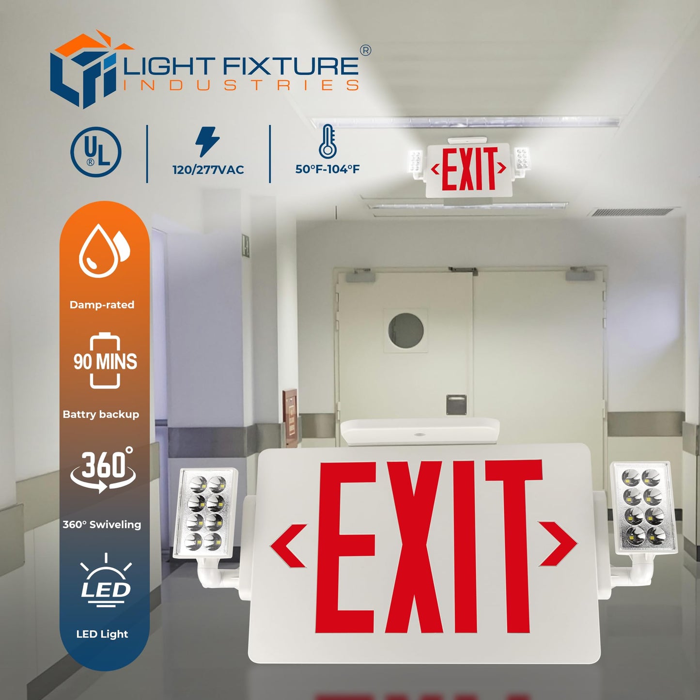 LFI Lights® Thin COMBO UL 924 Listed, Red LED, Exit Sign with Emergency Lights, White, 120-277VAC Hardwired with Battery Backup, Optional Double Face and Knock Out Arrows COMBOTRWBB