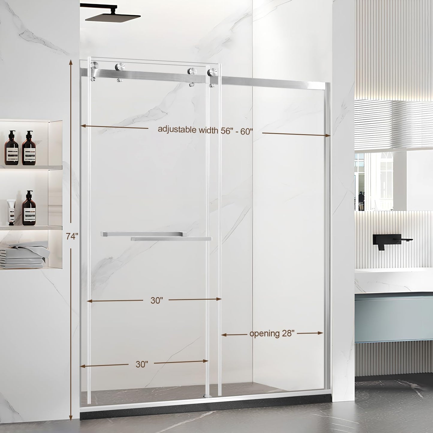 Porfectik Paris Shower Door, 60" W x 74" H Double Sliding Shower Door with 5/16"(8mm) Clear SGCC Tempered Glass, Bathroom Framed Shower Glass Doors, Brushed Nickel