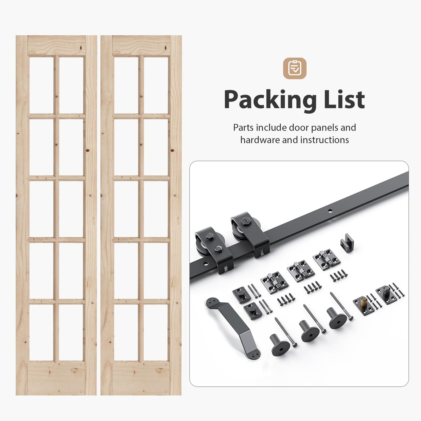 Easelife 36 x 84 in (Double 18x84 inch) Bifold French Glass Door,Sliding Folding Barn Doors with 3.3FT Hardware Track kit Included,Preassembled,Easy Install