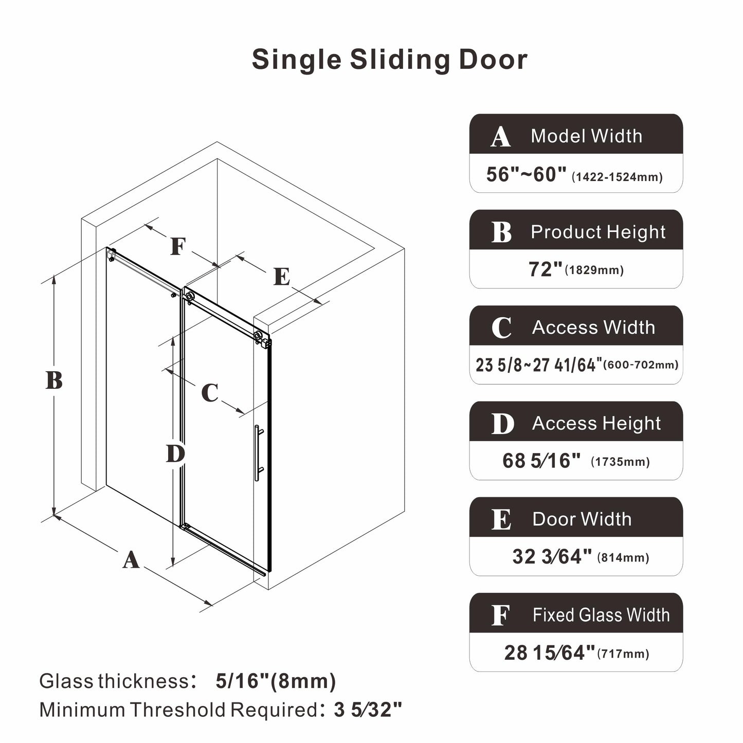 56-60" W x 76" H Frameless Sliding Shower Door, 5/16" (8mm) Clear Tempered Glass with Easy-Clean Coating, Sliding Glass Shower Door for Bathroom, Stainless Steel Hardware (Brushed Gold, 60" W x 76" H)
