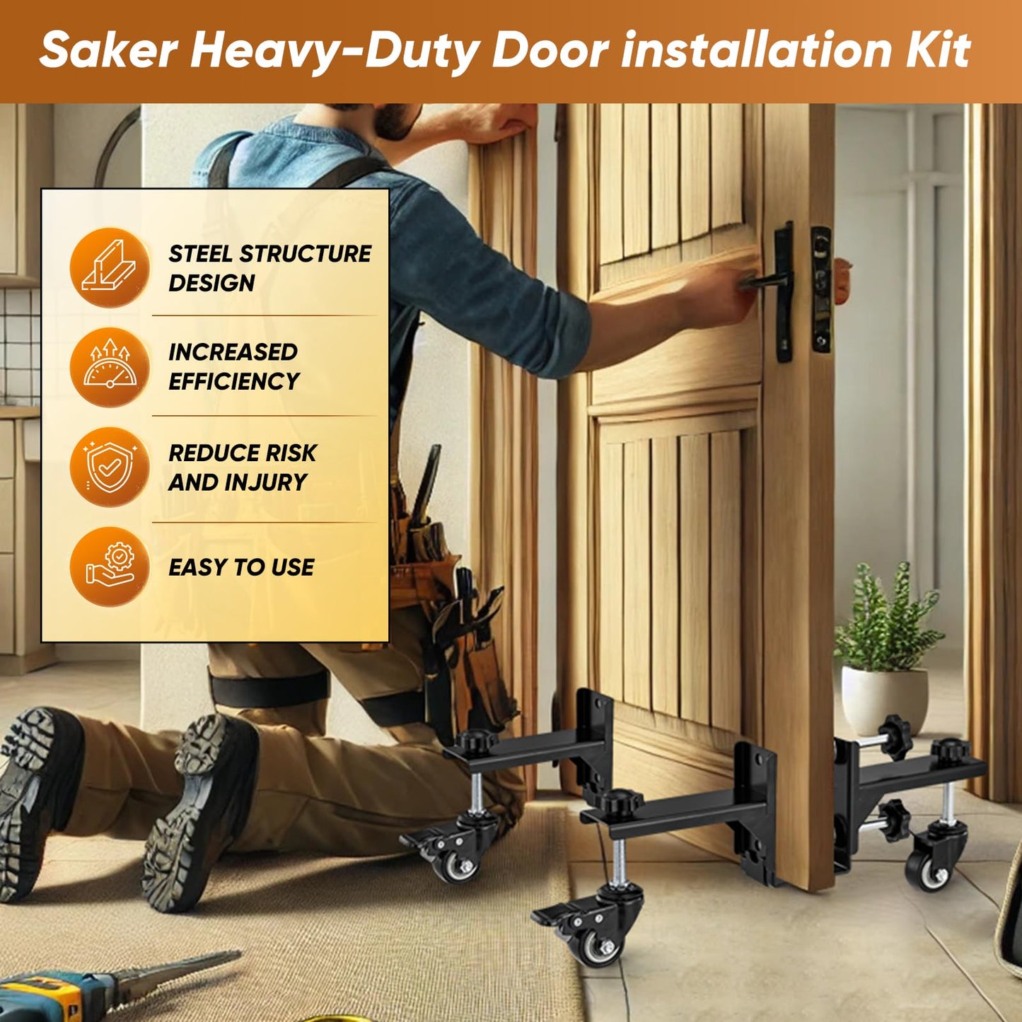 2025 Upgrade Saker Door Panel Installation Kit, Heavy-Duty Door Installation Dolly, 2PCS Door Installation Tools for 0.8 to 2.36 Inch Pre-Hung, Slab, and Front Doors, Door Lifter