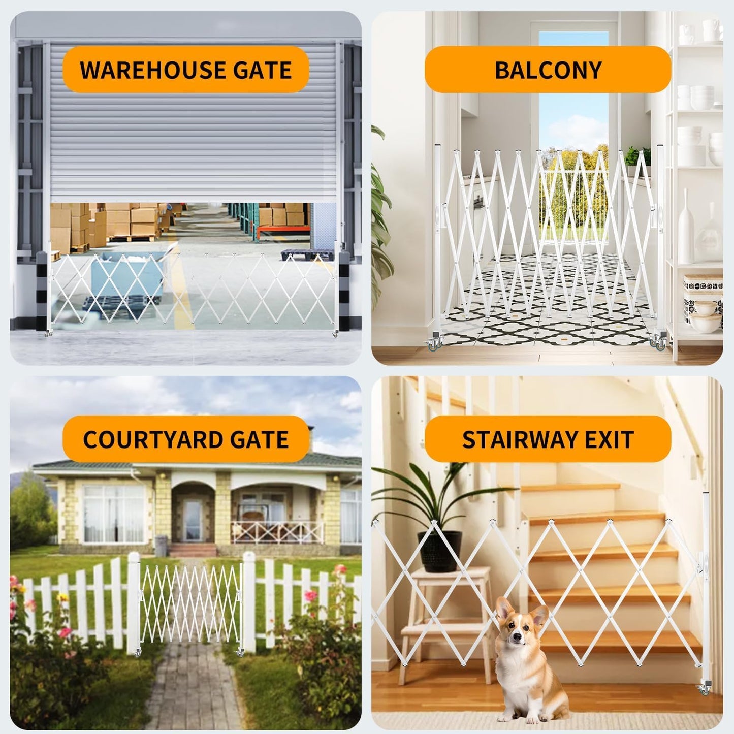 Expandable Barricade Gate,129” Metal Safety Barrier Gate with Casters,Accordion Garden Yard Outdoor Indoor Fence Folding Security Dog Gates Wall Mount,White