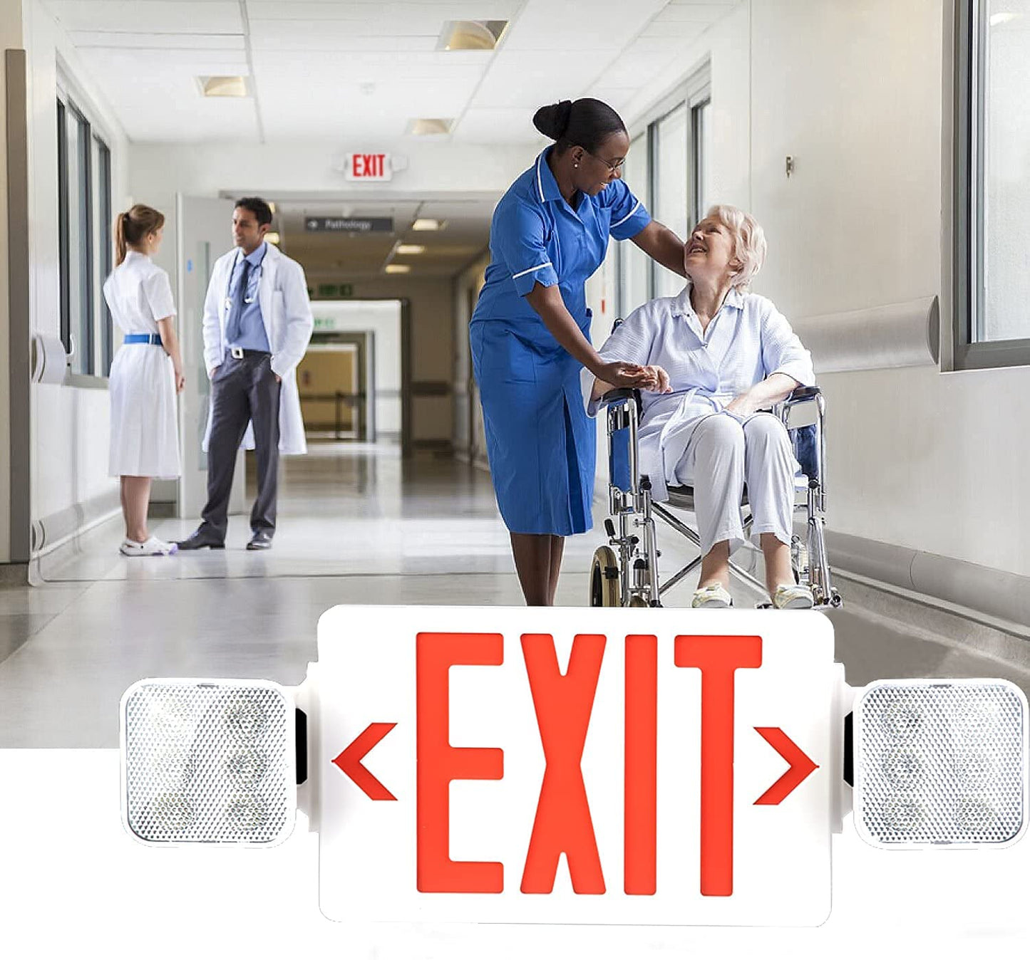 LED Combo Exit Sign Emergency Light, Double Sided with Two LED Flood Lights, Exit Signs for Business with Battery Backup, Fire Resistant UL 94V-0, Commercial Grade