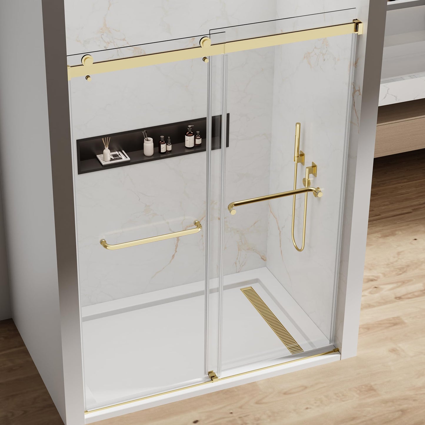 JONIVRAT 56-60" W x 76" H Double Sliding Shower Door, 5/16" (8mm) Clear Tempered Glass, Nano Coated for Easy Cleaning, Pull Handles Towel Rack, Stainless Steel Hardware (Brushed Gold)