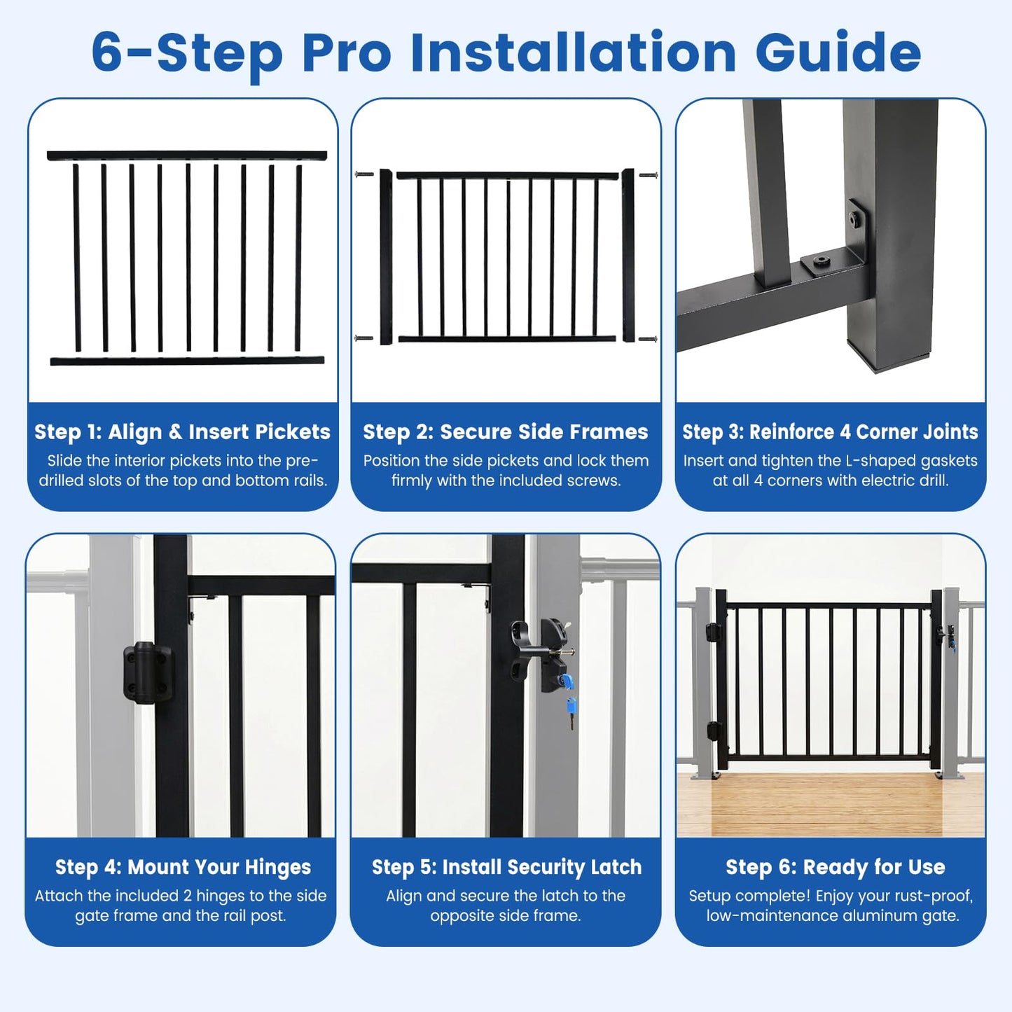 Aluminum Deck Gate Kit for Outdoor Safety, 36" H x 48" W Black Metal Gate Kit with Self-Closing Hinges & Latch, Aluminum Fence Gate for Pool, Porch, Yard, and Dog Protection