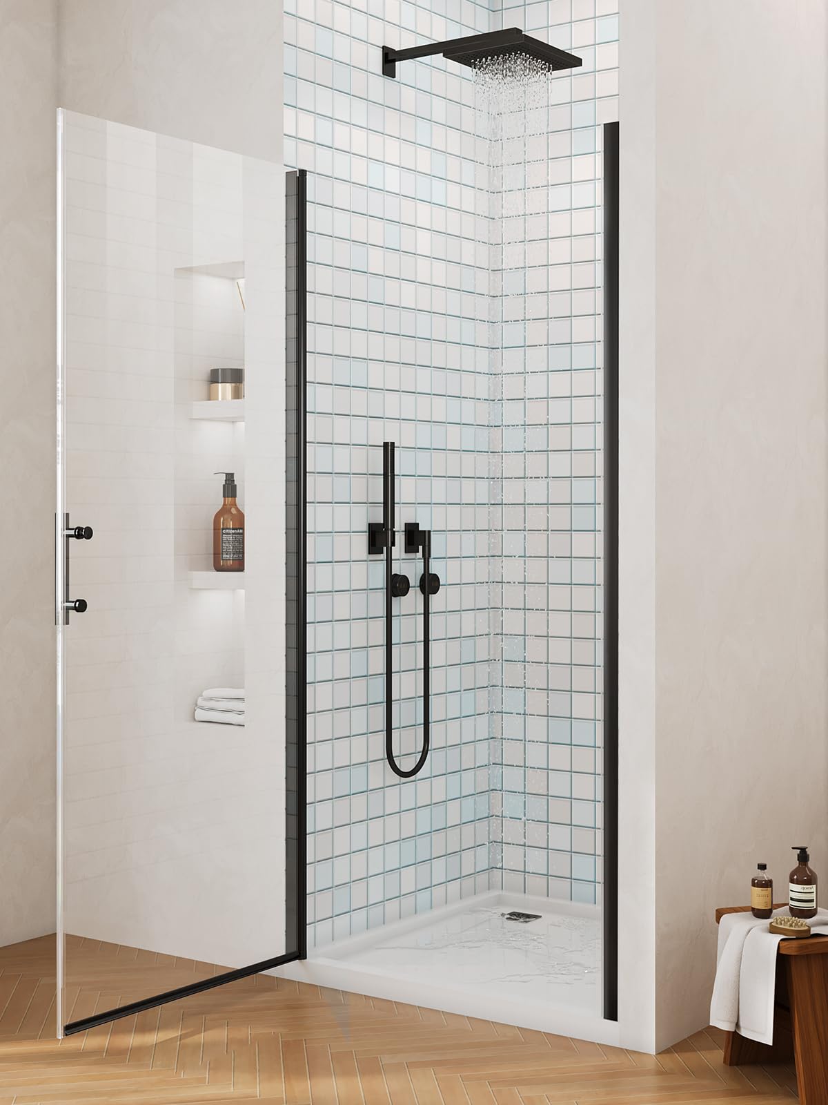 Frameless Pivot Shower Door, 34-35.4" W x 72" Single Panle Shower Doors, 1/4" (6mm) Thick Tempered Clear Glass with Explosion-Proof Film & Nano Coating Shower Doors for Walk in Shower (Matte Black)