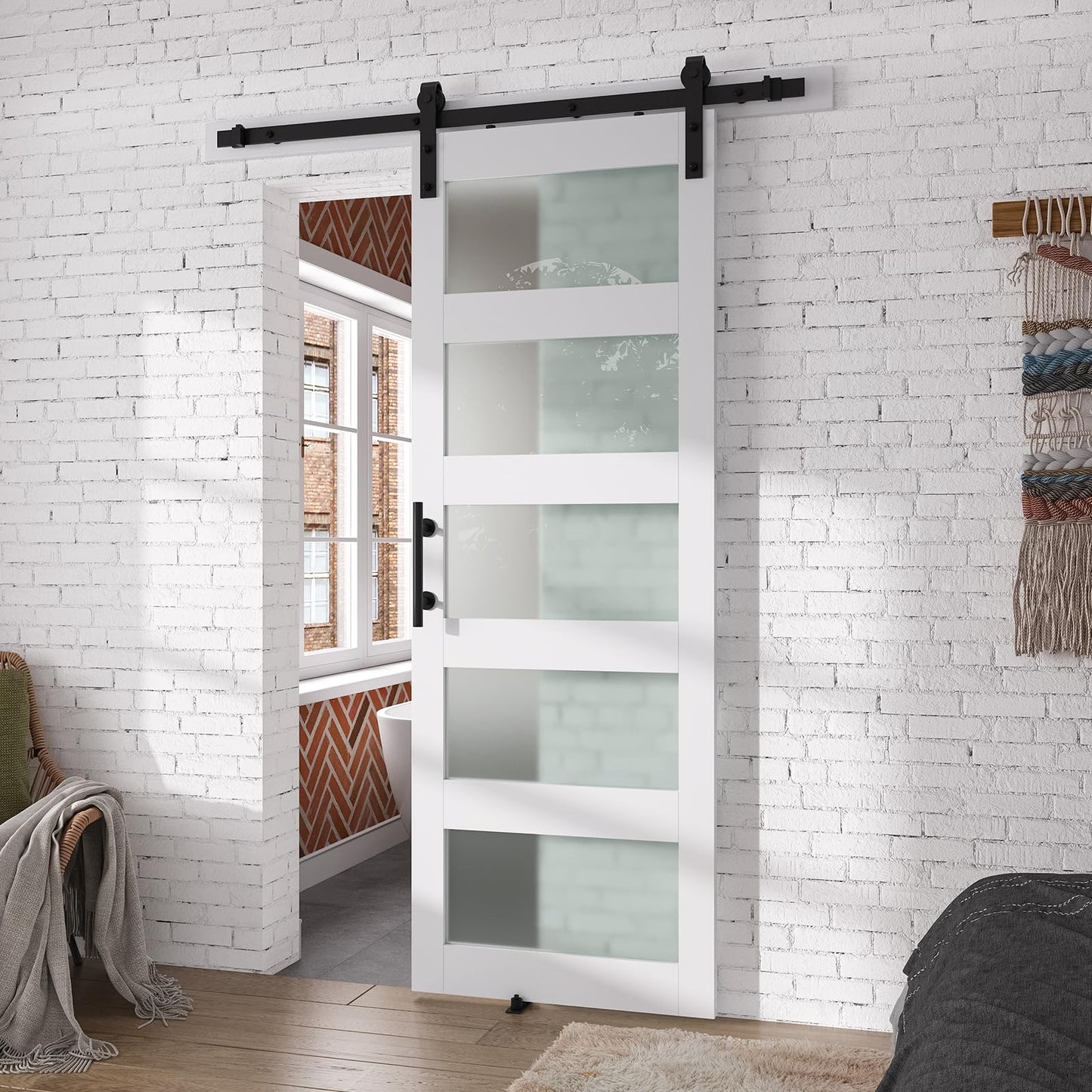 SMARTSTANDARD 30" x 84" Glass Barn Door with 5FT Hardware Kit Included, 5-Panel Glass, DIY Assembly Required, Waterproof PVC Coating, Pure White
