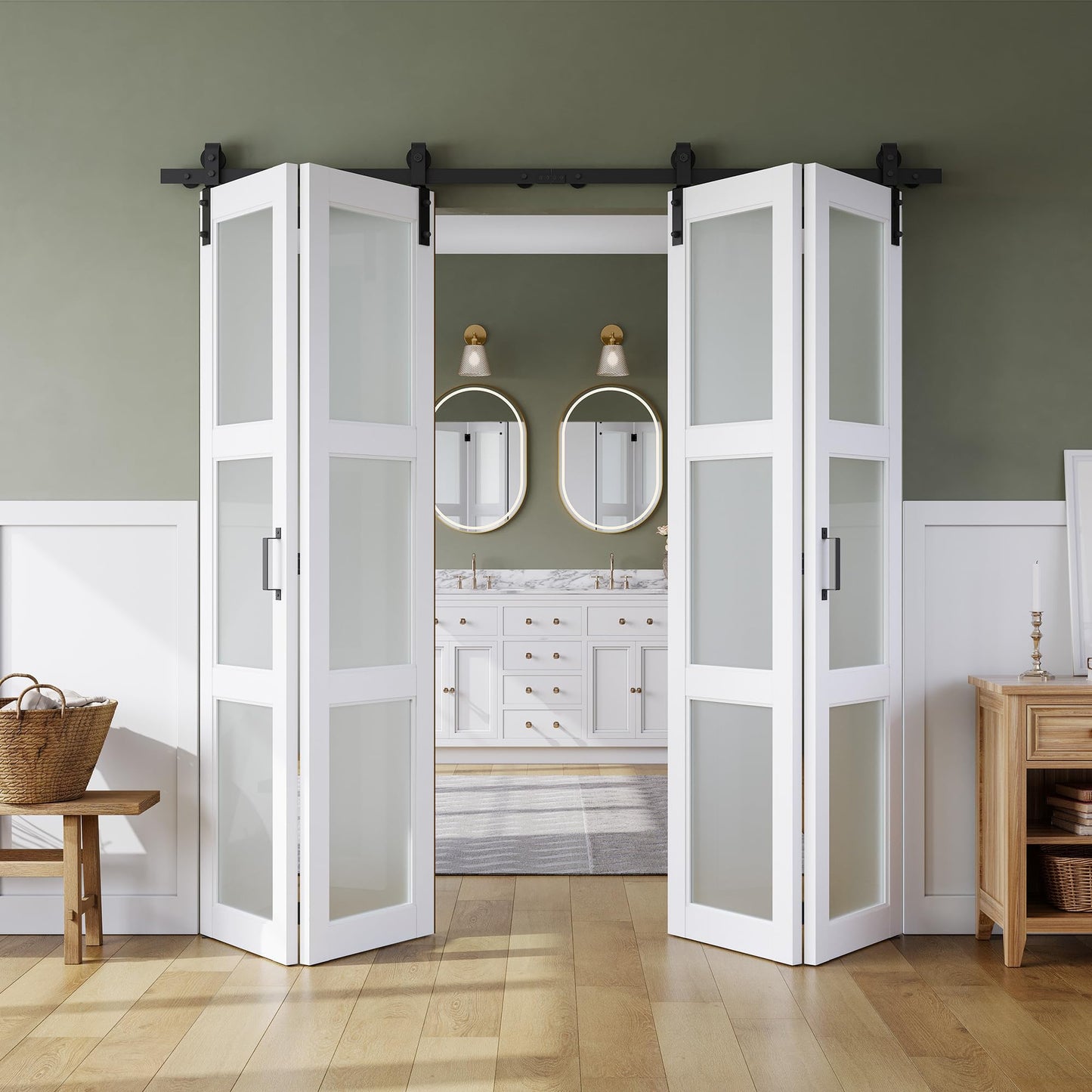 SMARTSTANDARD 48in x 84in Bifold Barn Door, Frosted Glass Barn Door with Hardware Kit Included, Pre-Drilled Holes Easy Assembly -Solid Barn Doors Slab Covered with Water-Proof PVC Surface, White