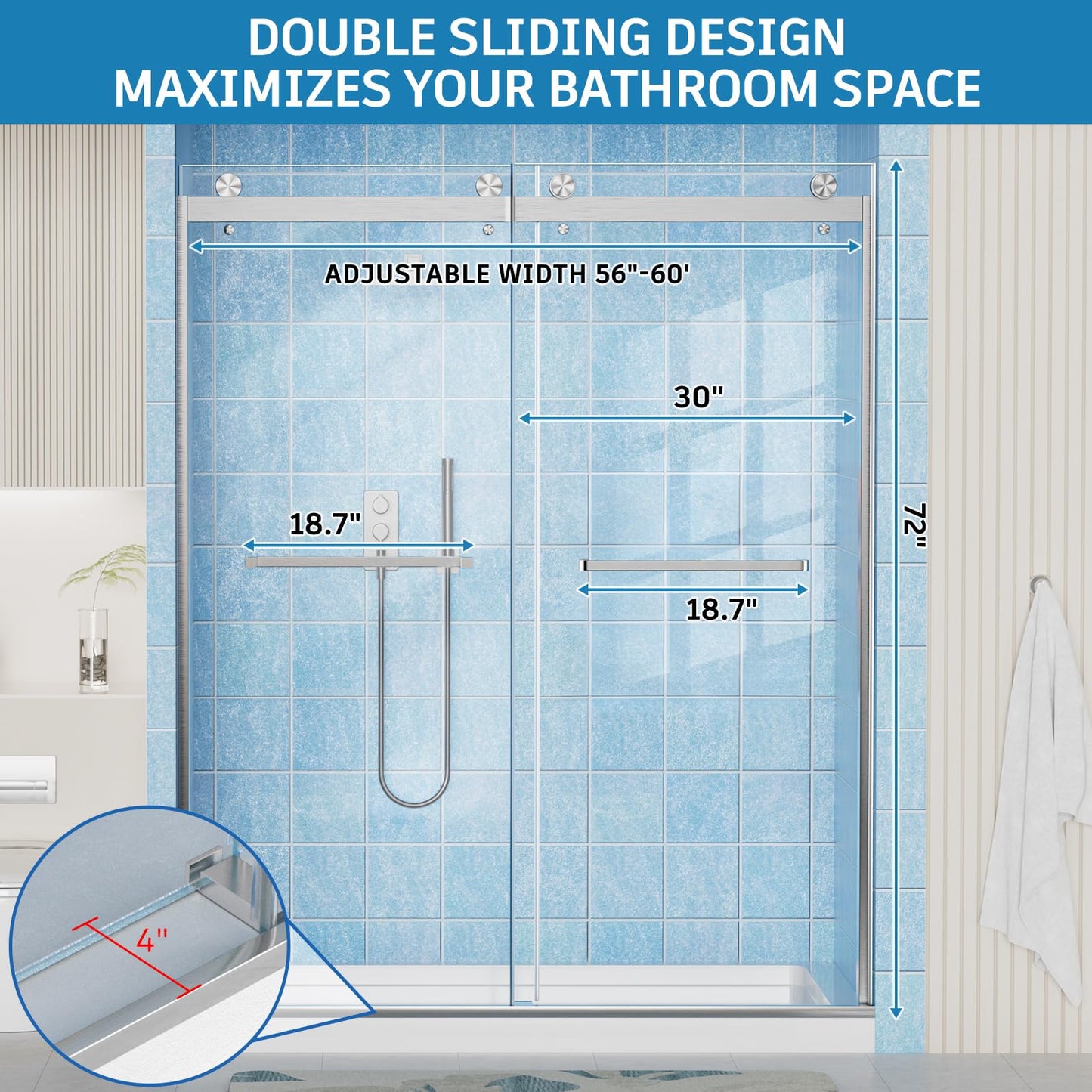 Frameless Shower Door, 56-60" W x 72" H Double Sliding Shower Doors, 1/4" (6mm) Thick Tempered Clear Glass Door with Explosion-Proof Film Nano Coating, Stainless Steel Hardware, Brushed Nickel