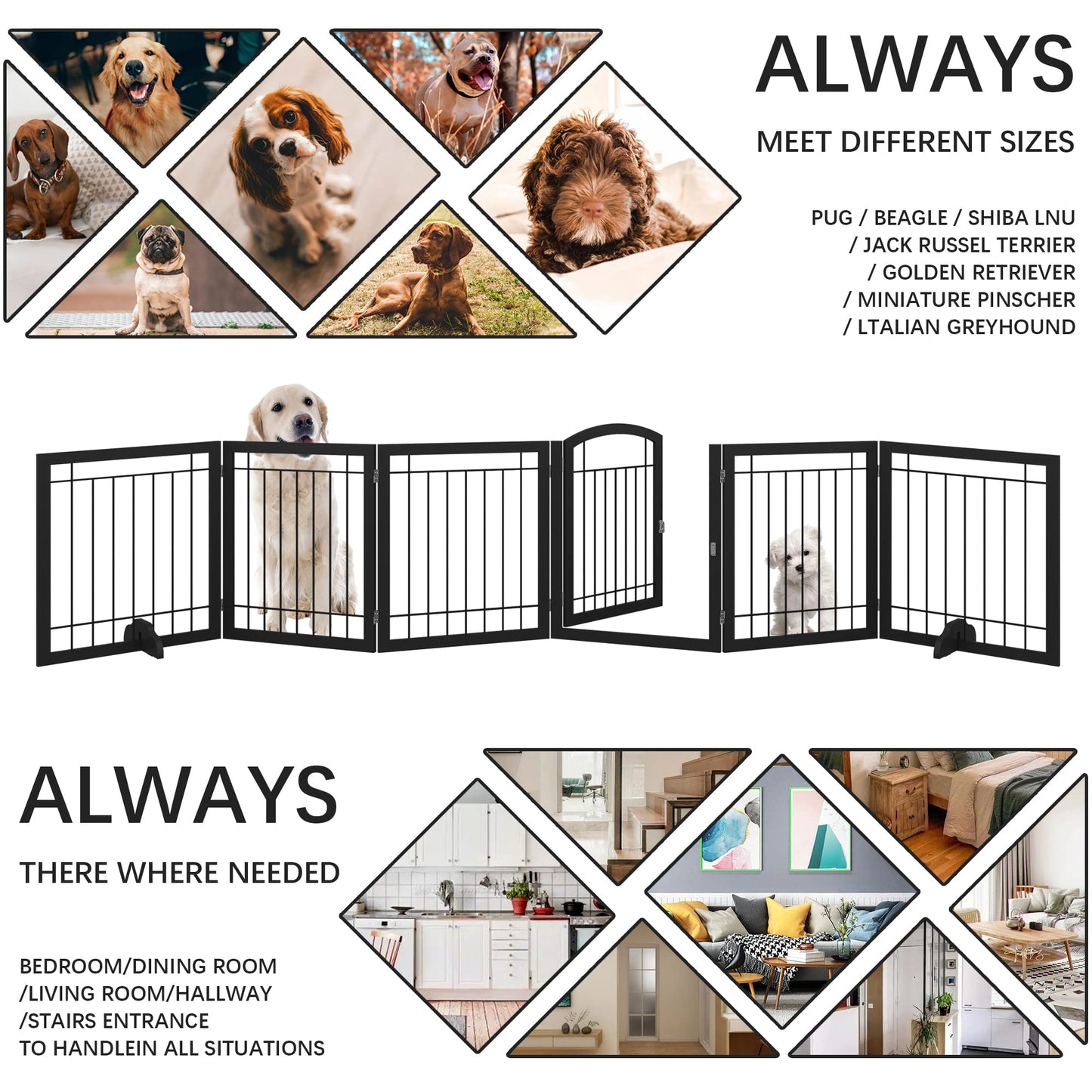 JSB 144-inch Extra Wide 30-inch Tall Dog gate with Door Walk Through, Freestanding Pet Gate for Halls, Stairs & Home, Pet Puppy Safety Dog Fence with 2PCS Support Feet (Black)